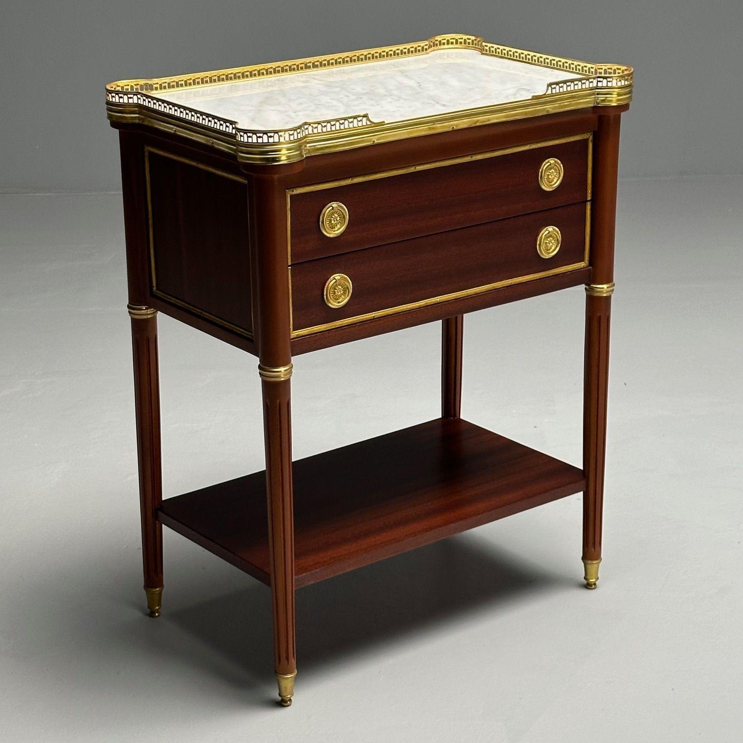 Bronze Tables de nuit Hollywood Regency, acajou, marbre, laiton, style Maison Jansen
