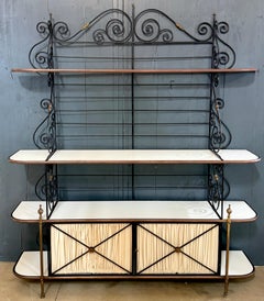 Maison Jansen Style Iron Brass & White Glass Bakers Rack with Cabinet, 1950s