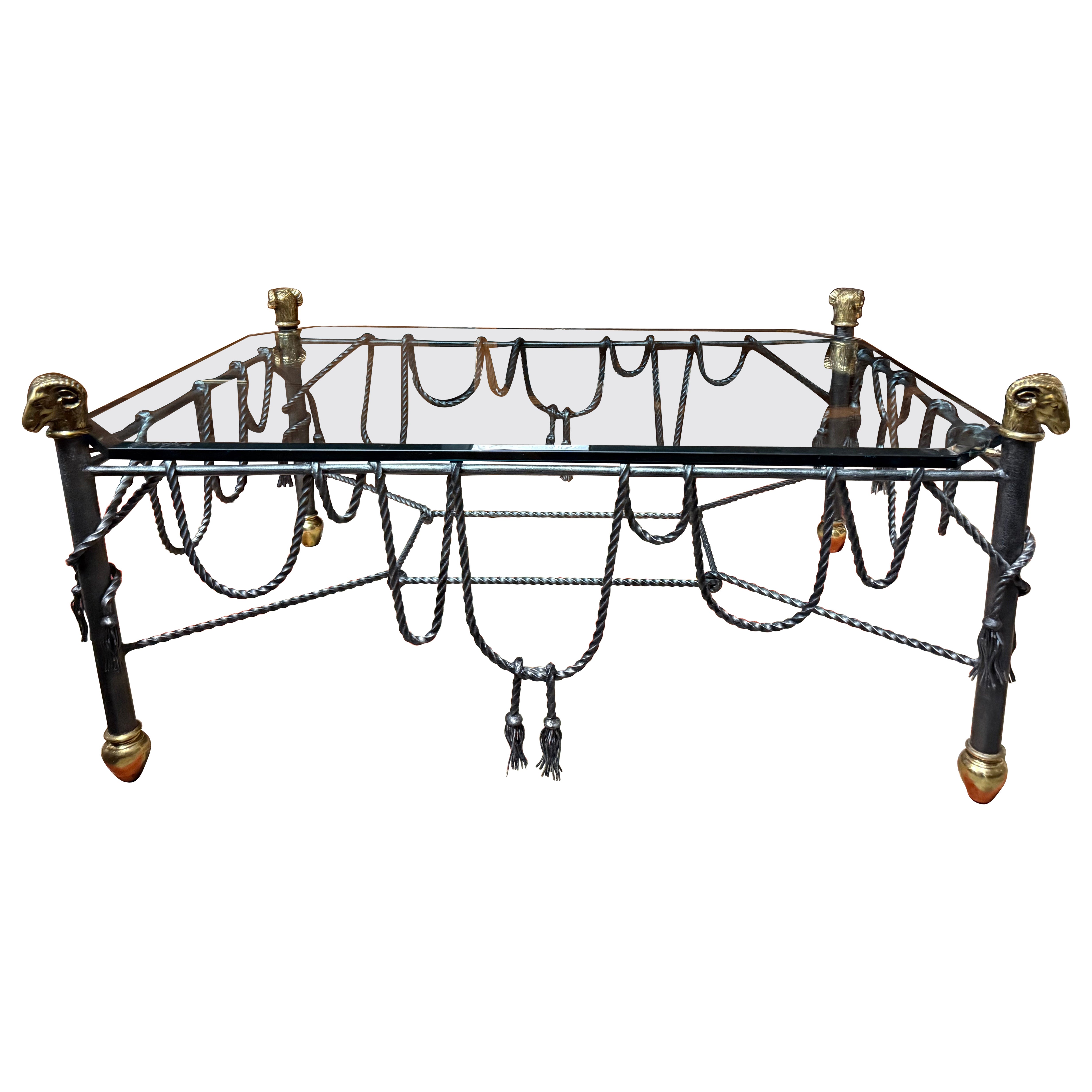Maison Jansen Style Iron Rope and Tassel Rams Head Cocktail Table
