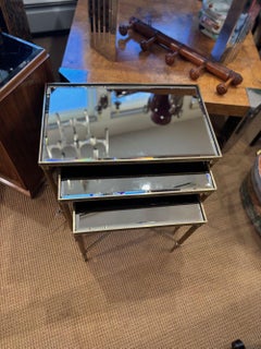 Maison Jansen Style Italian Brass Nesting Tables Mirrored Glass "Directoire"