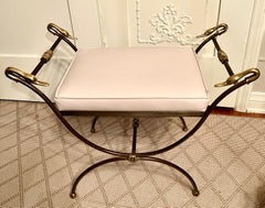 Maison Jansen Style Leather Bench with Brass Detail with Swan Finials