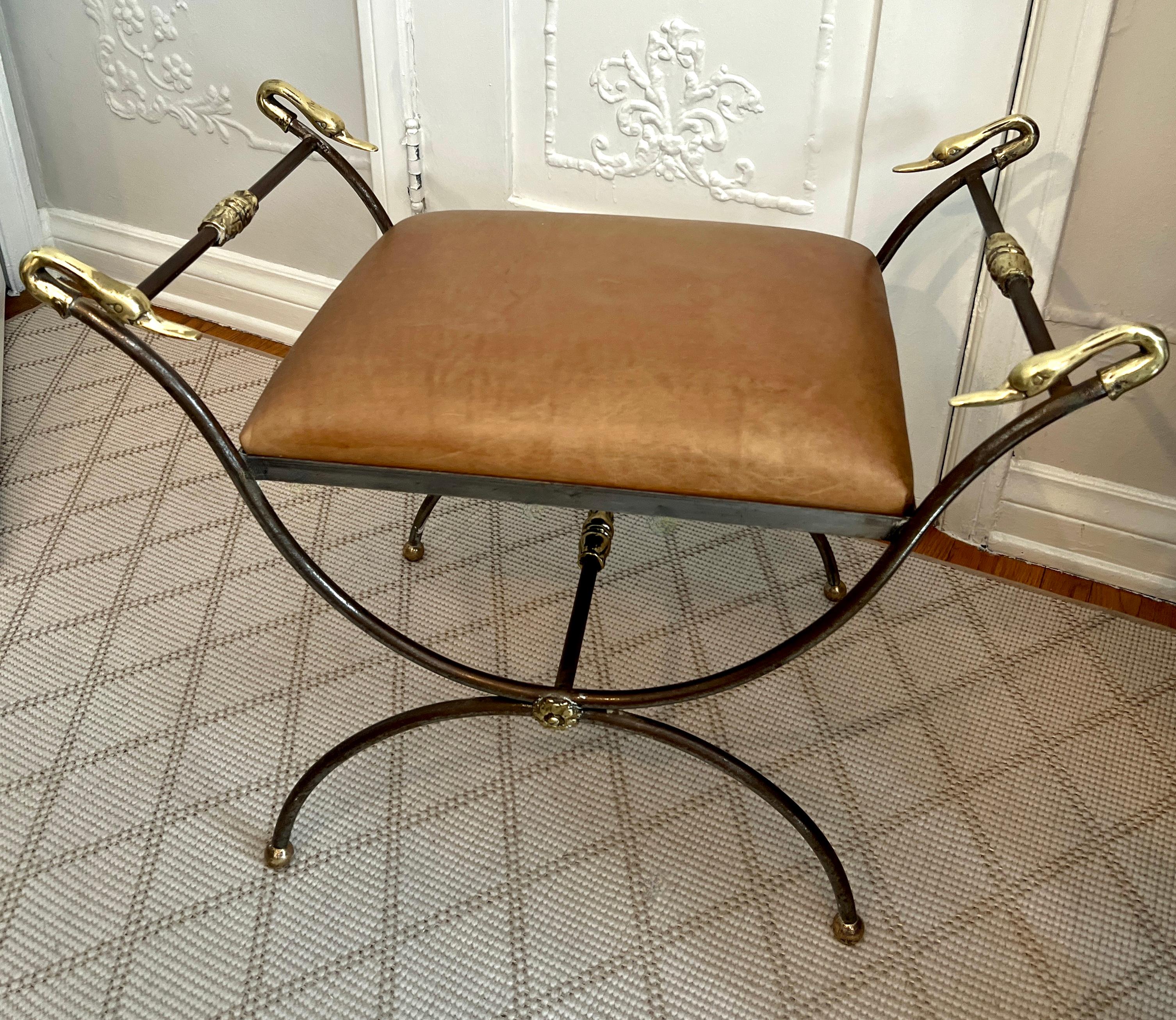 Hollywood Regency Maison Jansen Style Leather Bench with Brass Detail with Swan Finials For Sale