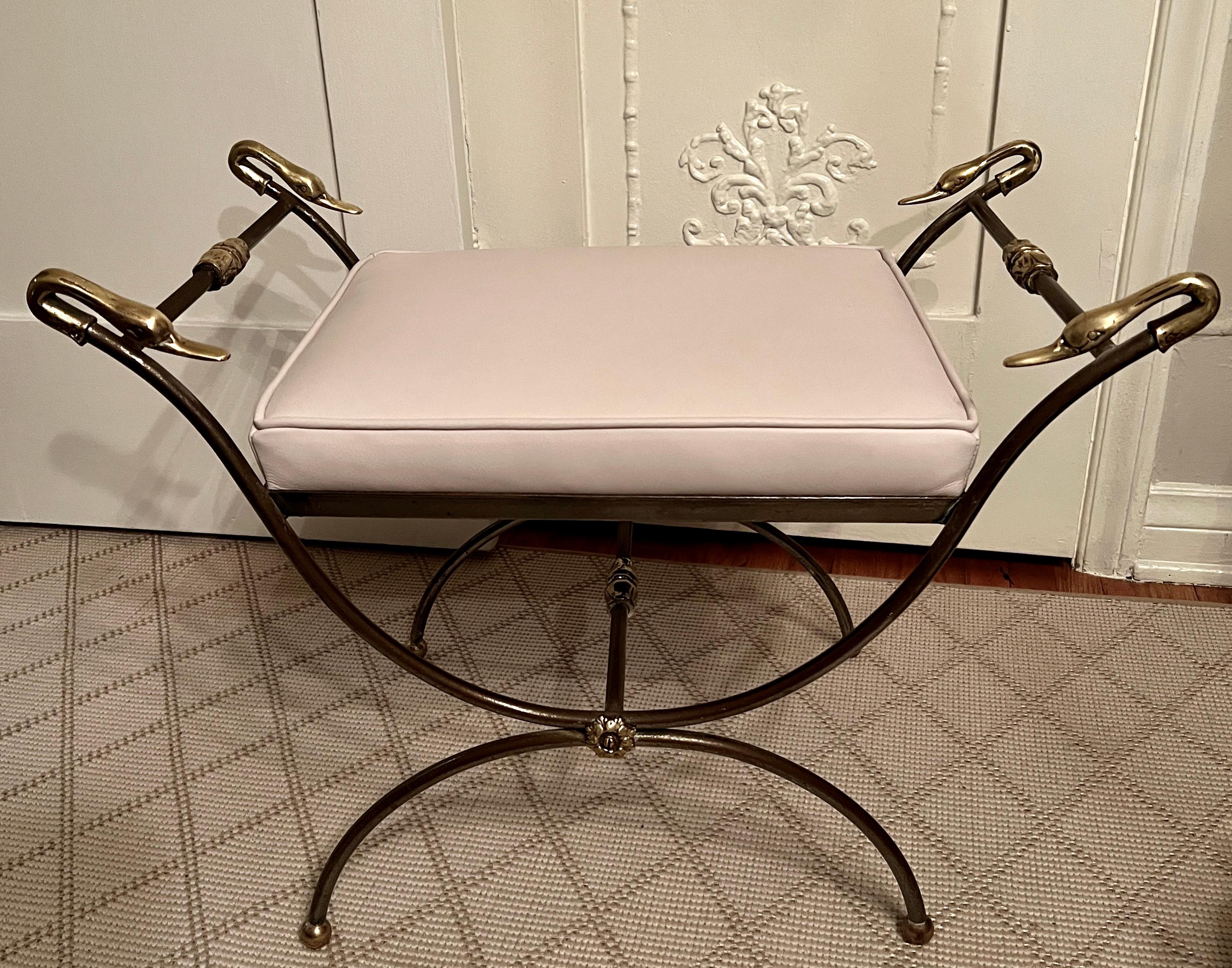 Hollywood Regency Maison Jansen Style Italian Leather Bench with Brass Detail with Swan Finials For Sale