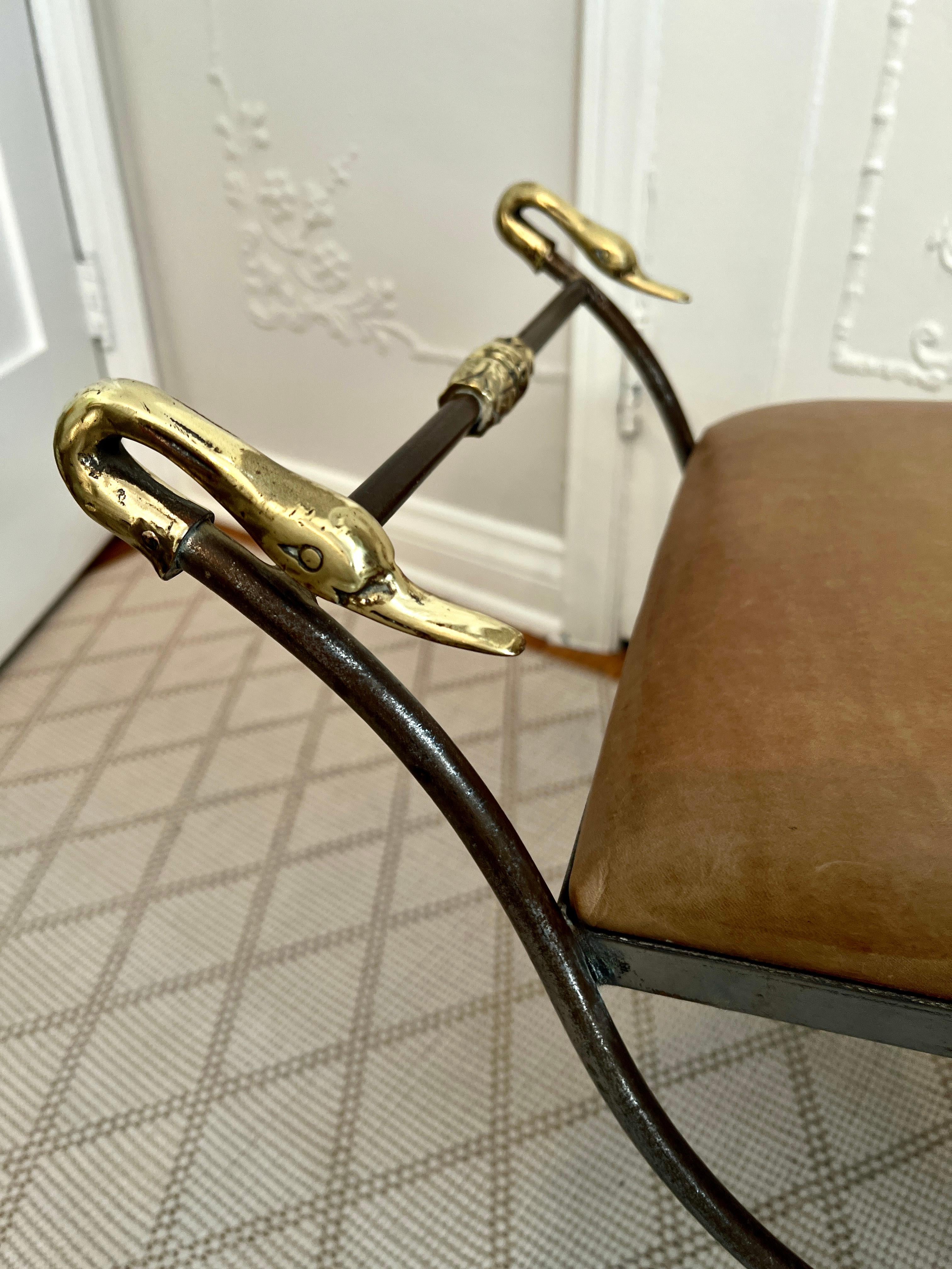Unknown Maison Jansen Style Leather Bench with Brass Detail with Swan Finials For Sale