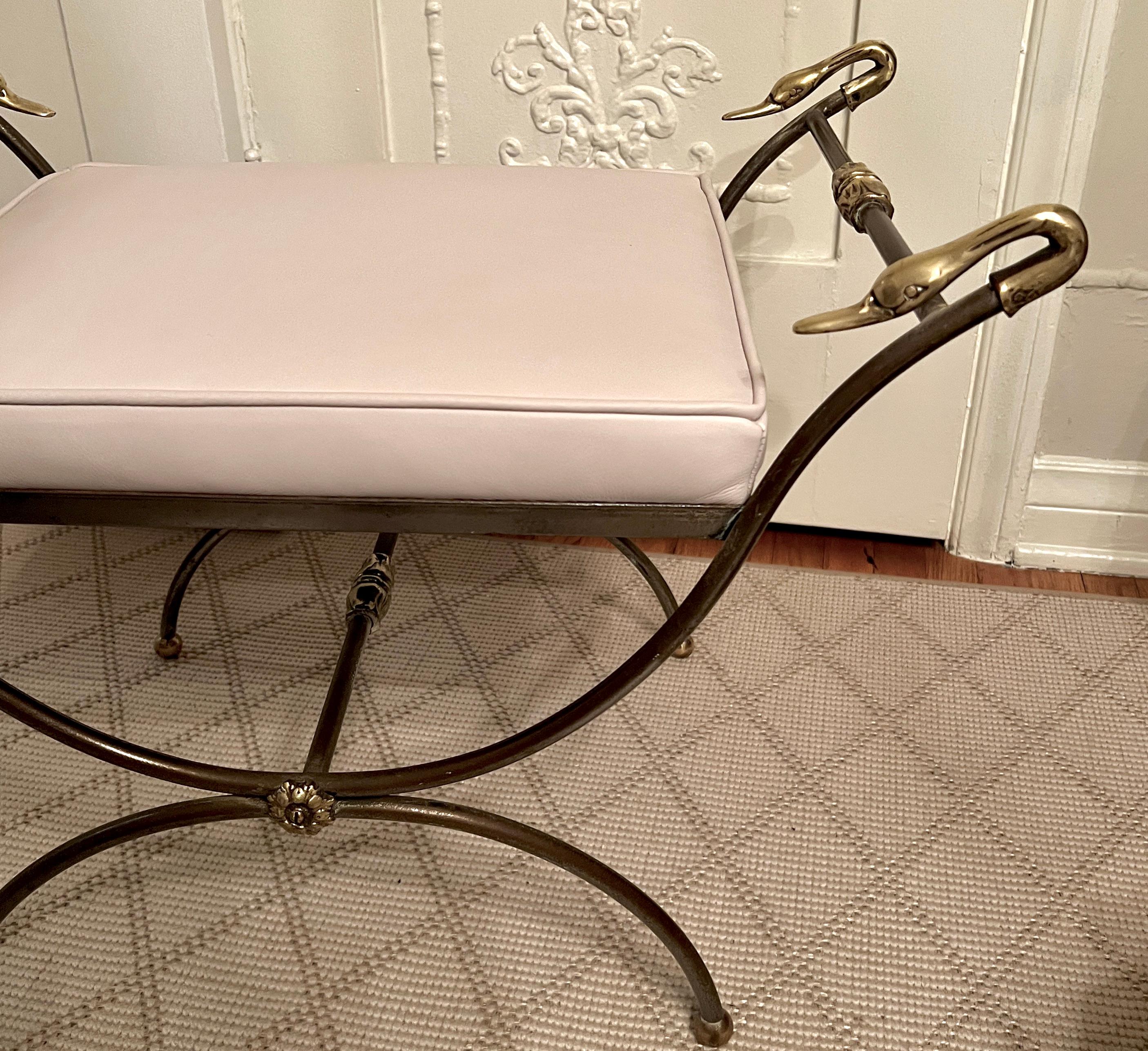 Hand-Crafted Maison Jansen Style Italian Leather Bench with Brass Detail with Swan Finials For Sale