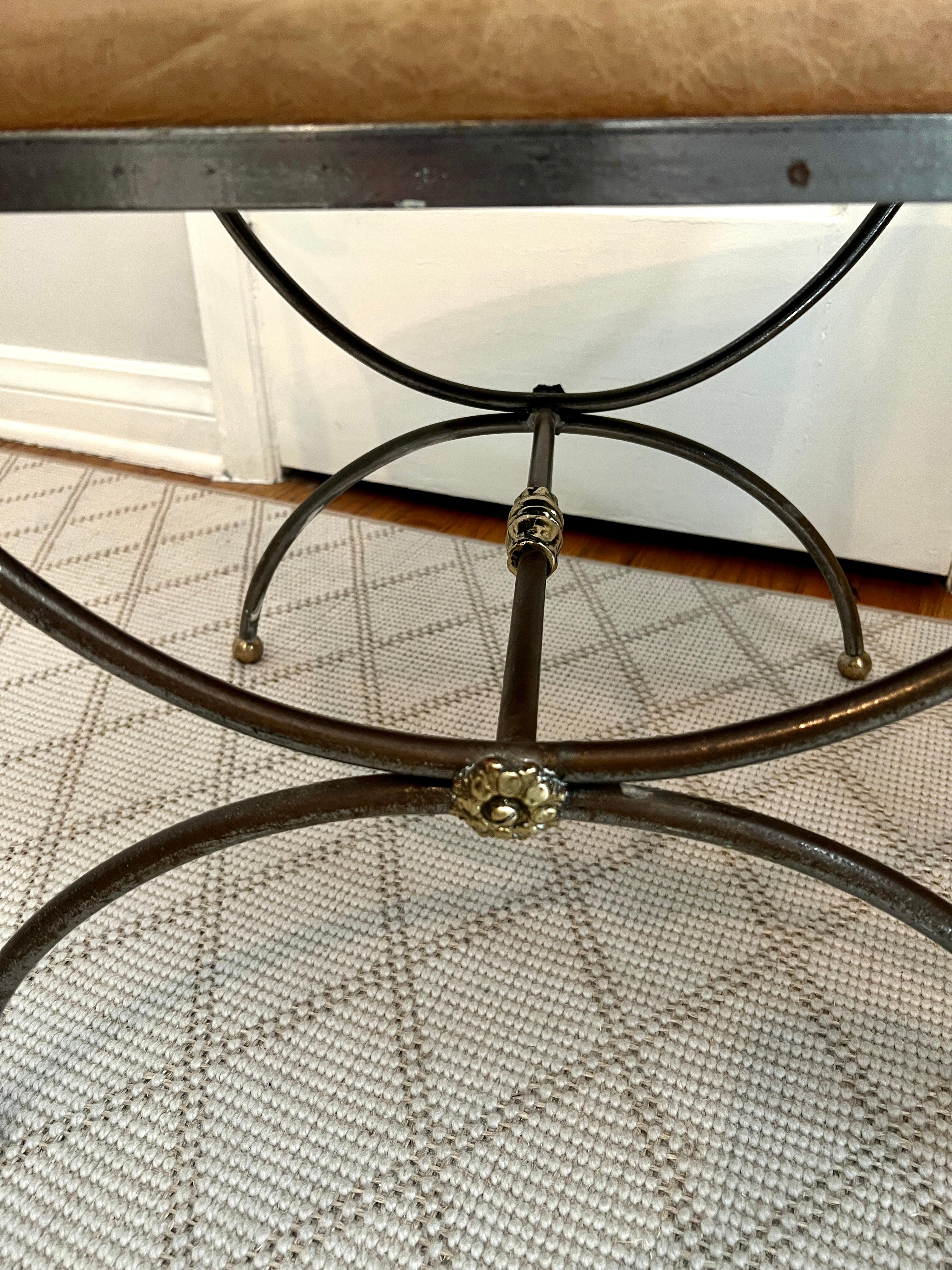 Hand-Crafted Maison Jansen Style Leather Bench with Brass Detail with Swan Finials For Sale