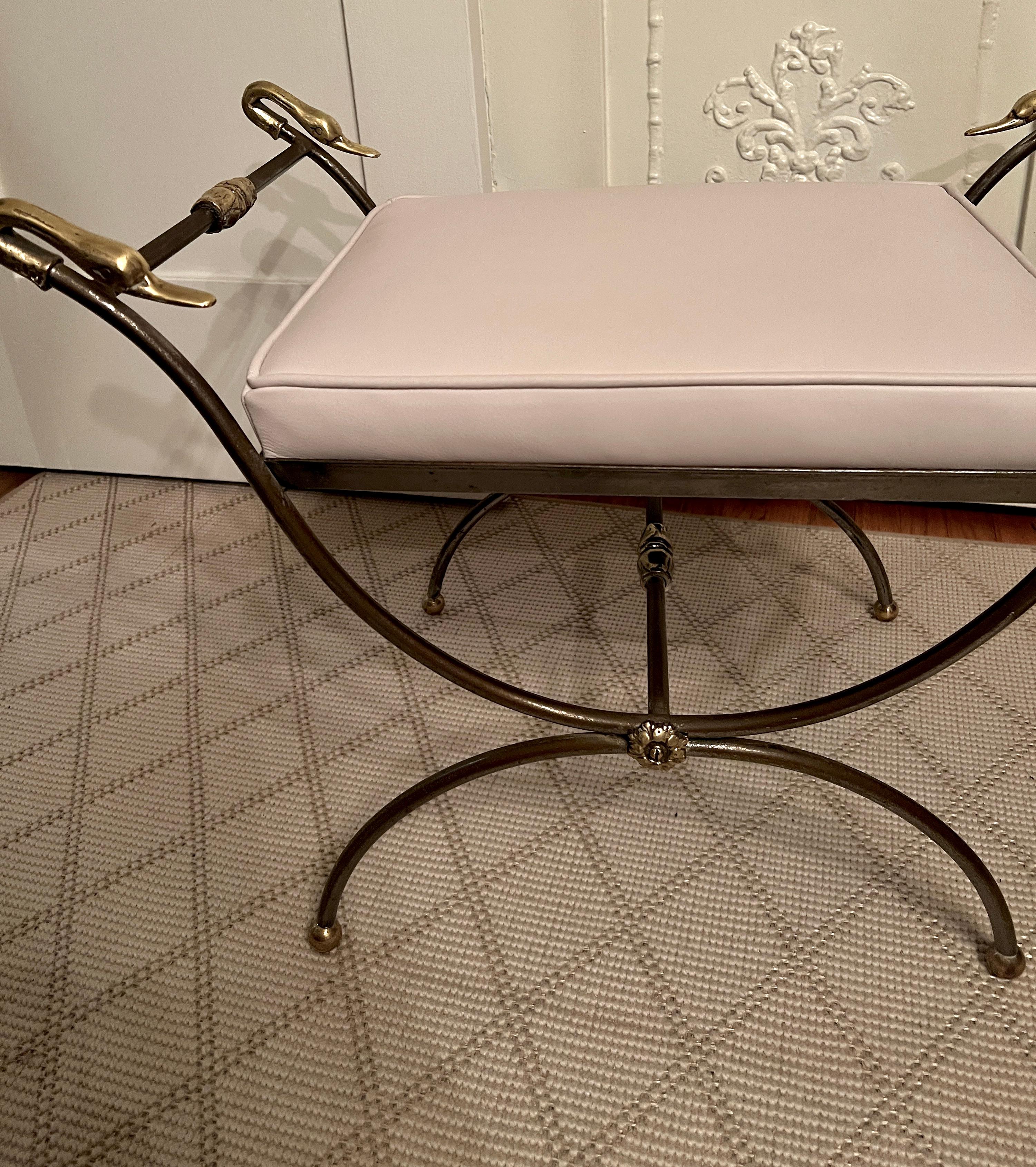 Maison Jansen Style Italian Leather Bench with Brass Detail with Swan Finials In Good Condition For Sale In Los Angeles, CA