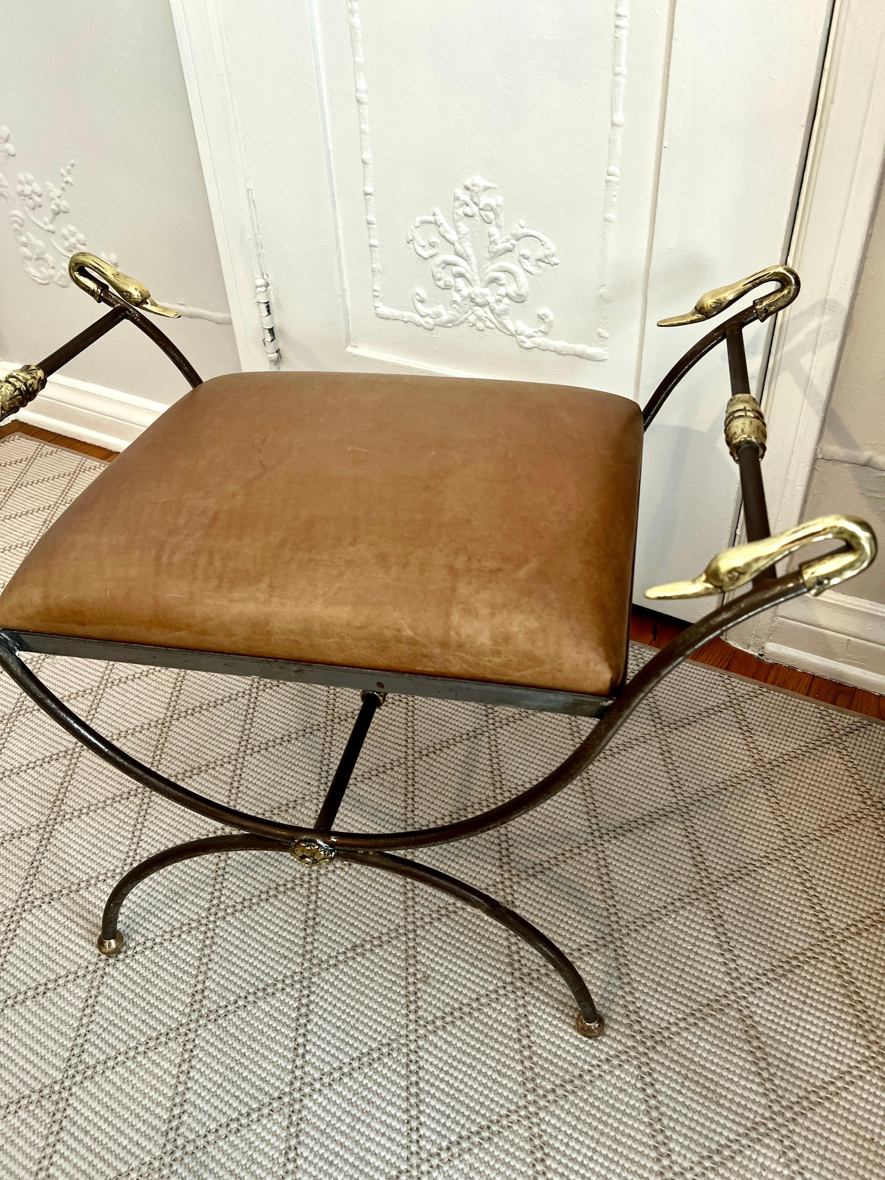 Maison Jansen Style Leather Bench with Brass Detail with Swan Finials In Good Condition For Sale In Los Angeles, CA