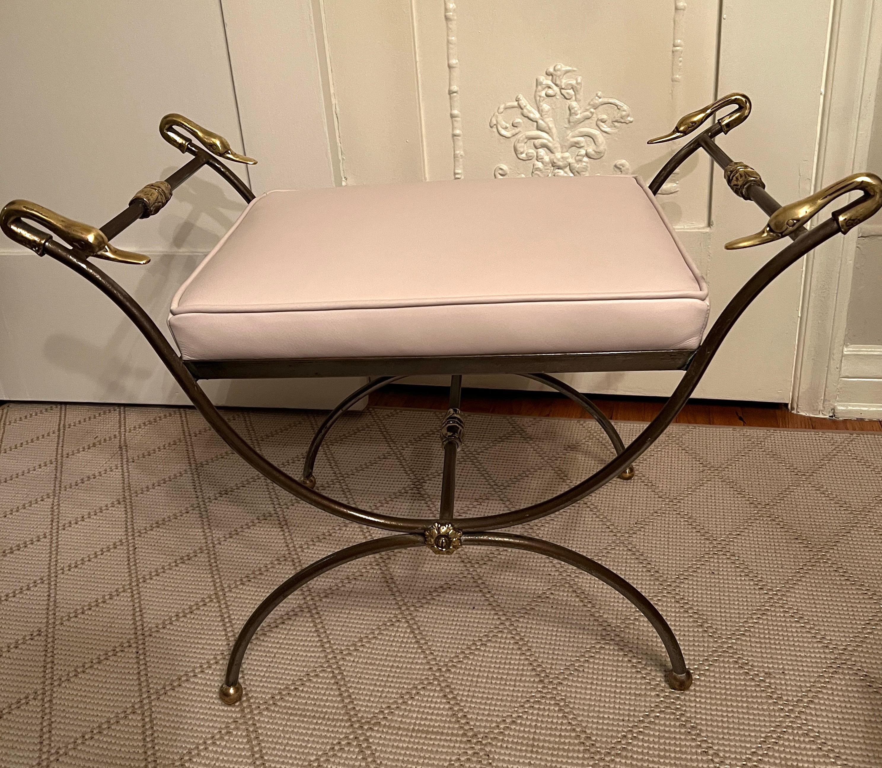 20th Century Maison Jansen Style Italian Leather Bench with Brass Detail with Swan Finials For Sale