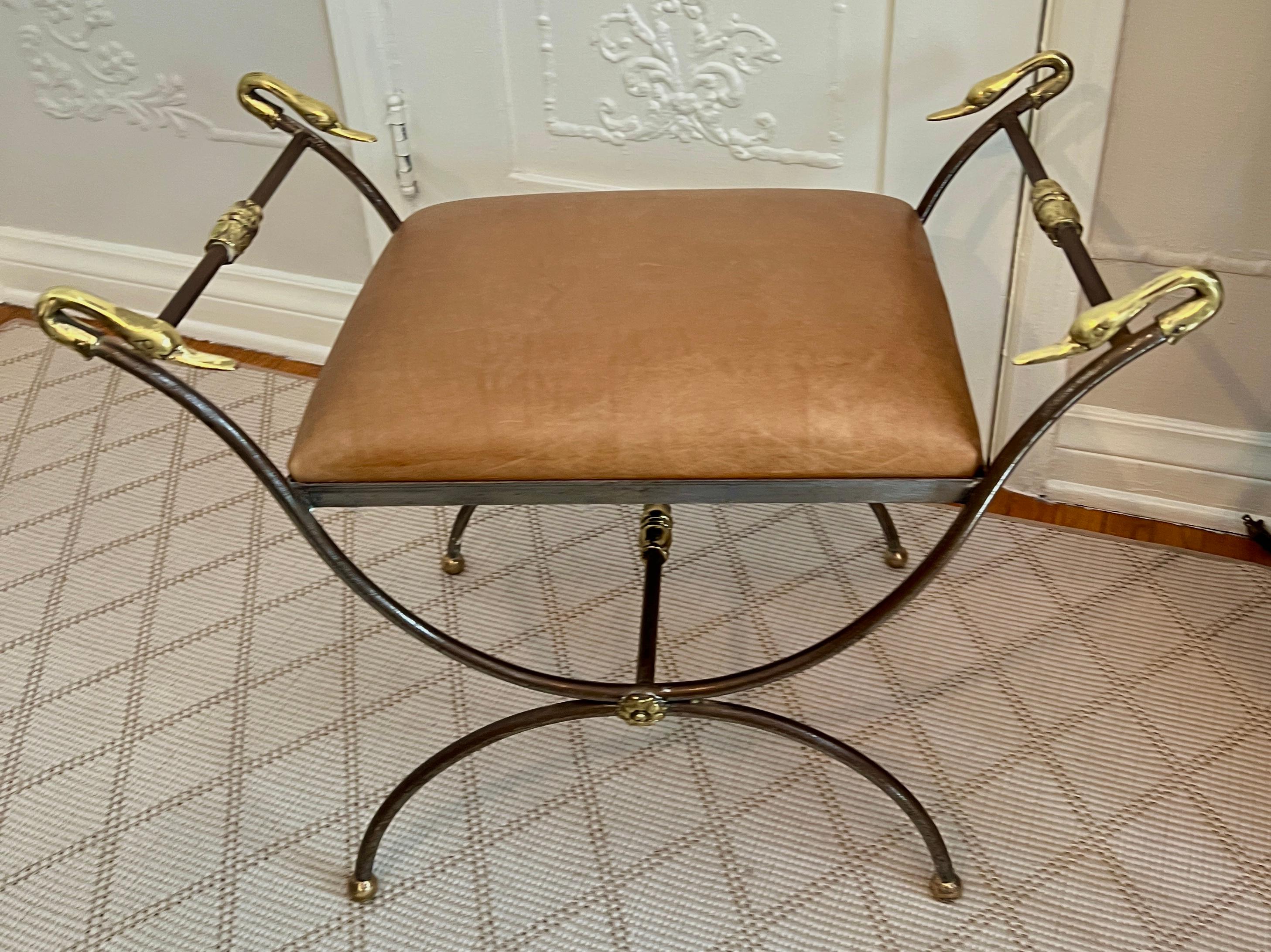 20th Century Maison Jansen Style Leather Bench with Brass Detail with Swan Finials For Sale