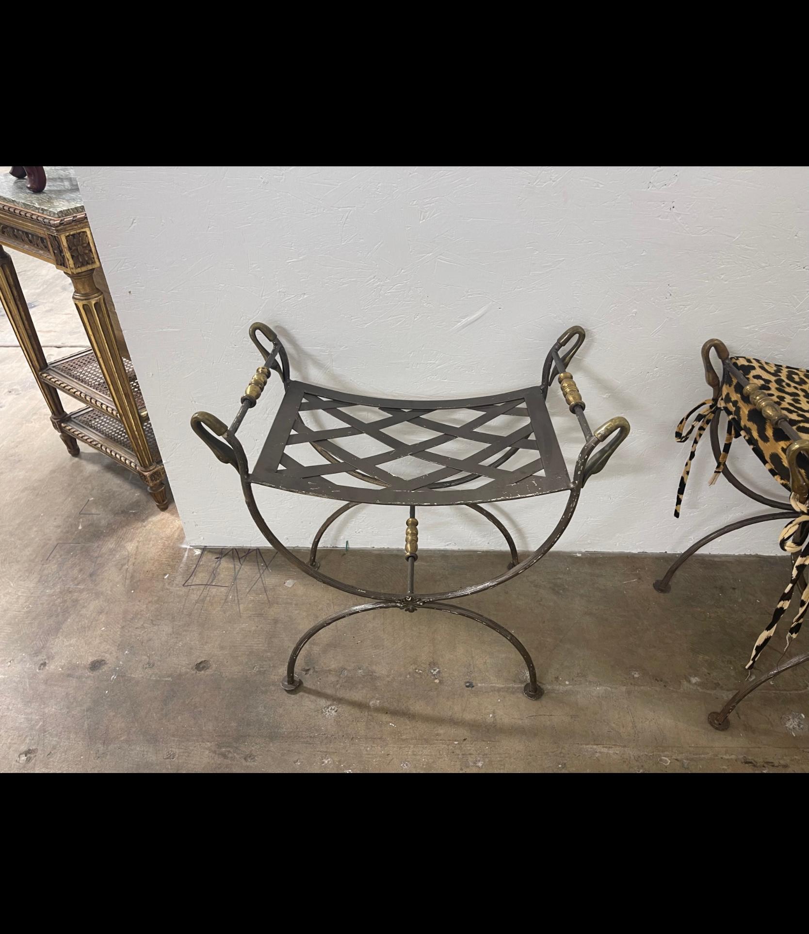 Maison Jansen Style Italian Metal & Gilt Bronze Benches in Leopard Velvet, Pair In Good Condition In Kennesaw, GA