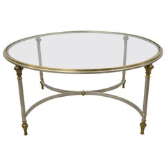 Maison Jansen Style Italian Neoclassical Steel Brass Round Cocktail Coffee Table