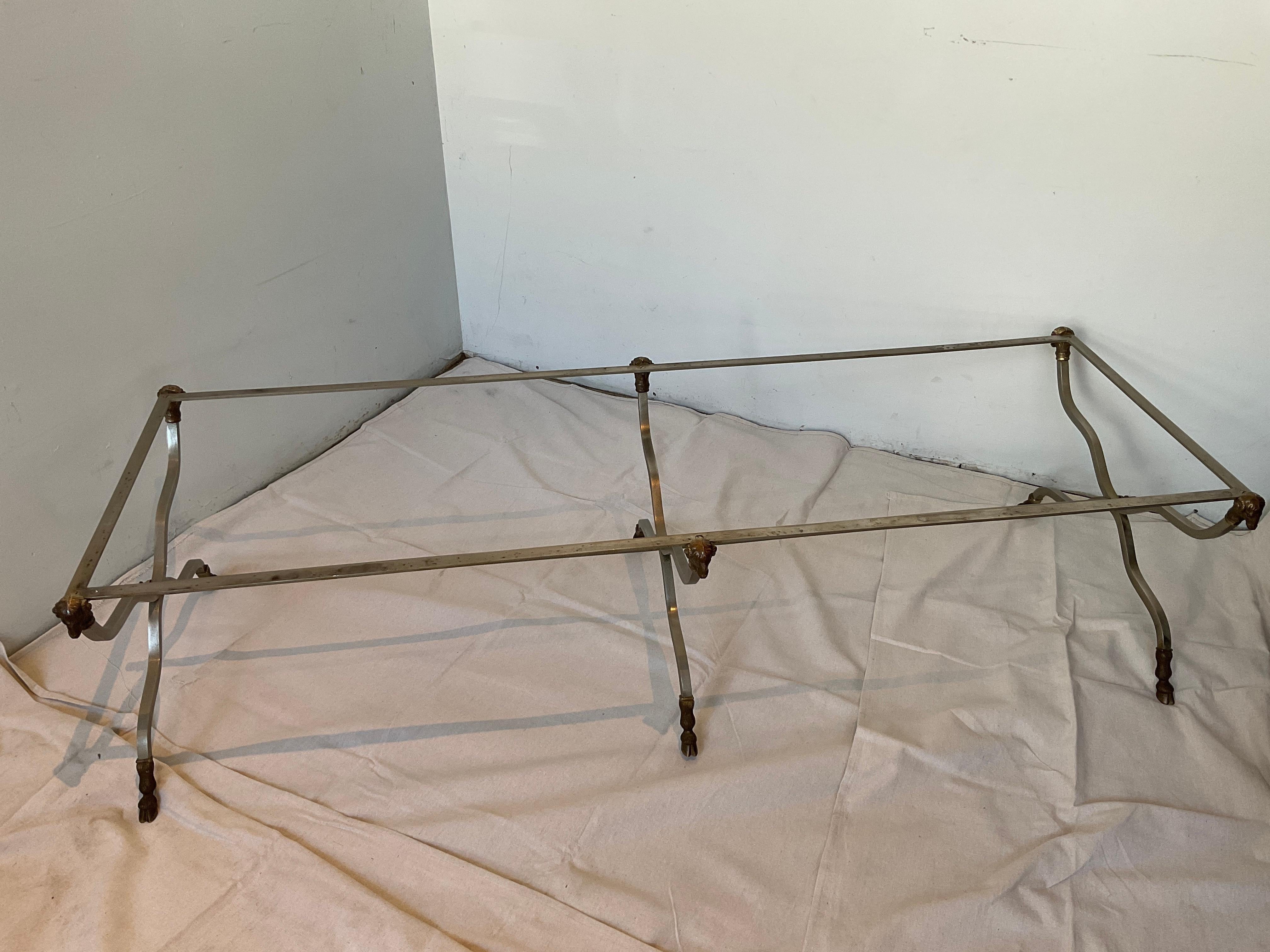 Maison Jansen Style Italian Ram Head Brass and Steel Coffee Table / Bench Base In Good Condition In Tarrytown, NY