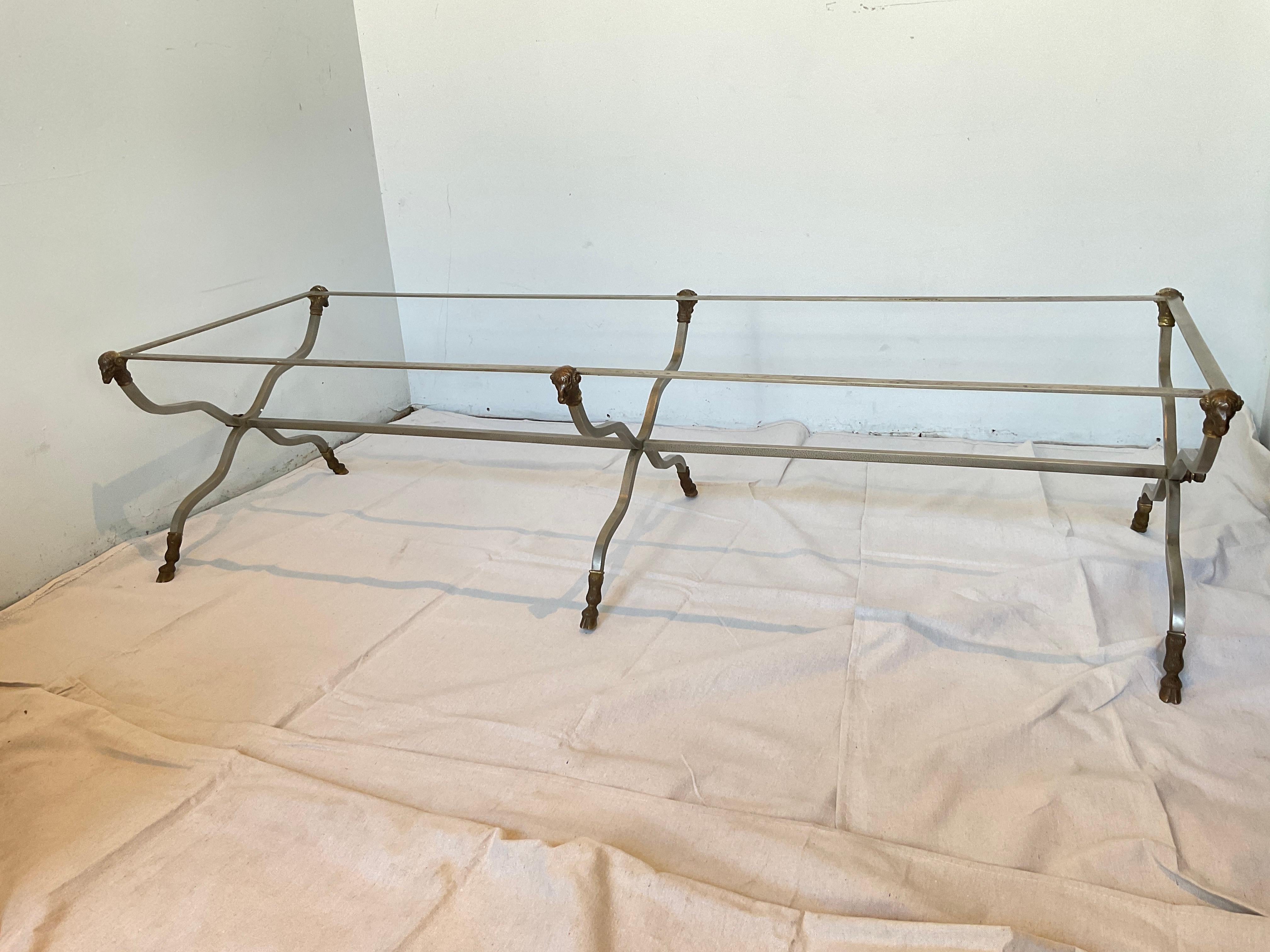 Late 20th Century Maison Jansen Style Italian Ram Head Brass and Steel Coffee Table / Bench Base