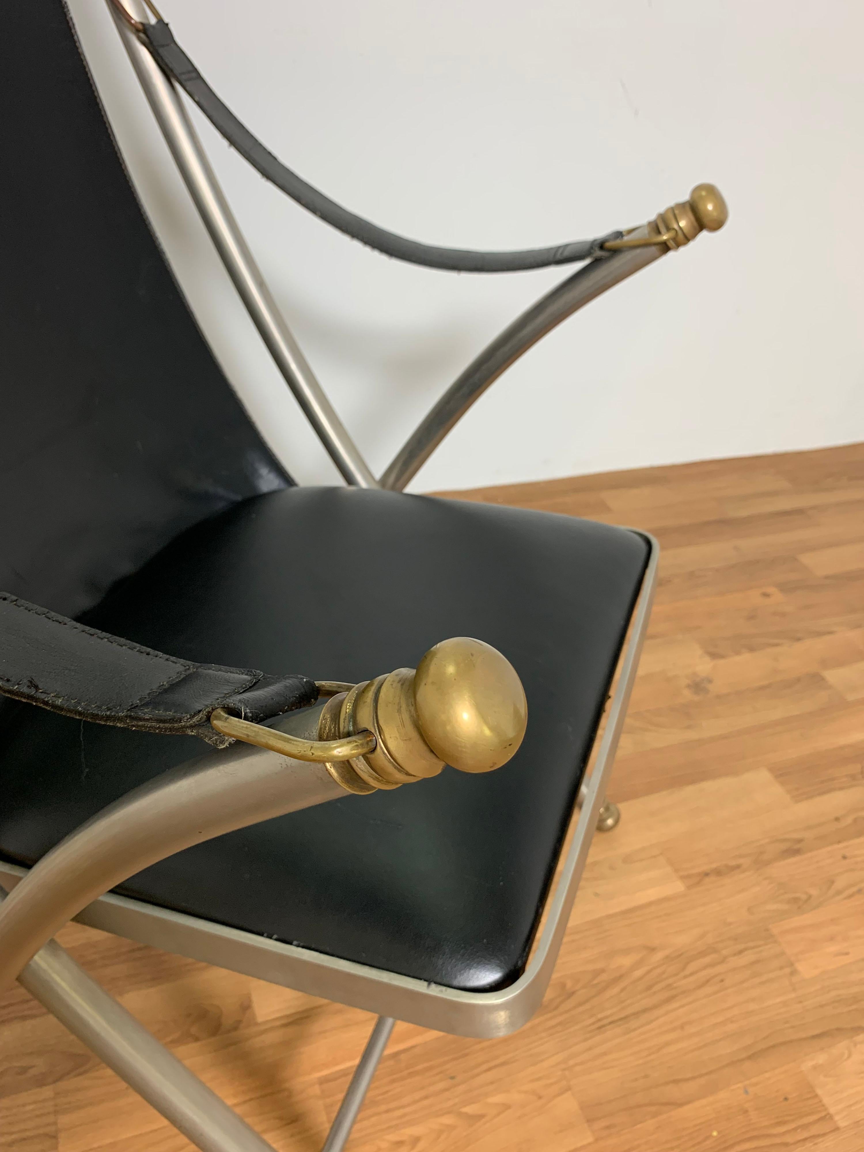 Maison Jansen Style Leather Campaign Chair, Circa 1960s In Good Condition In Peabody, MA