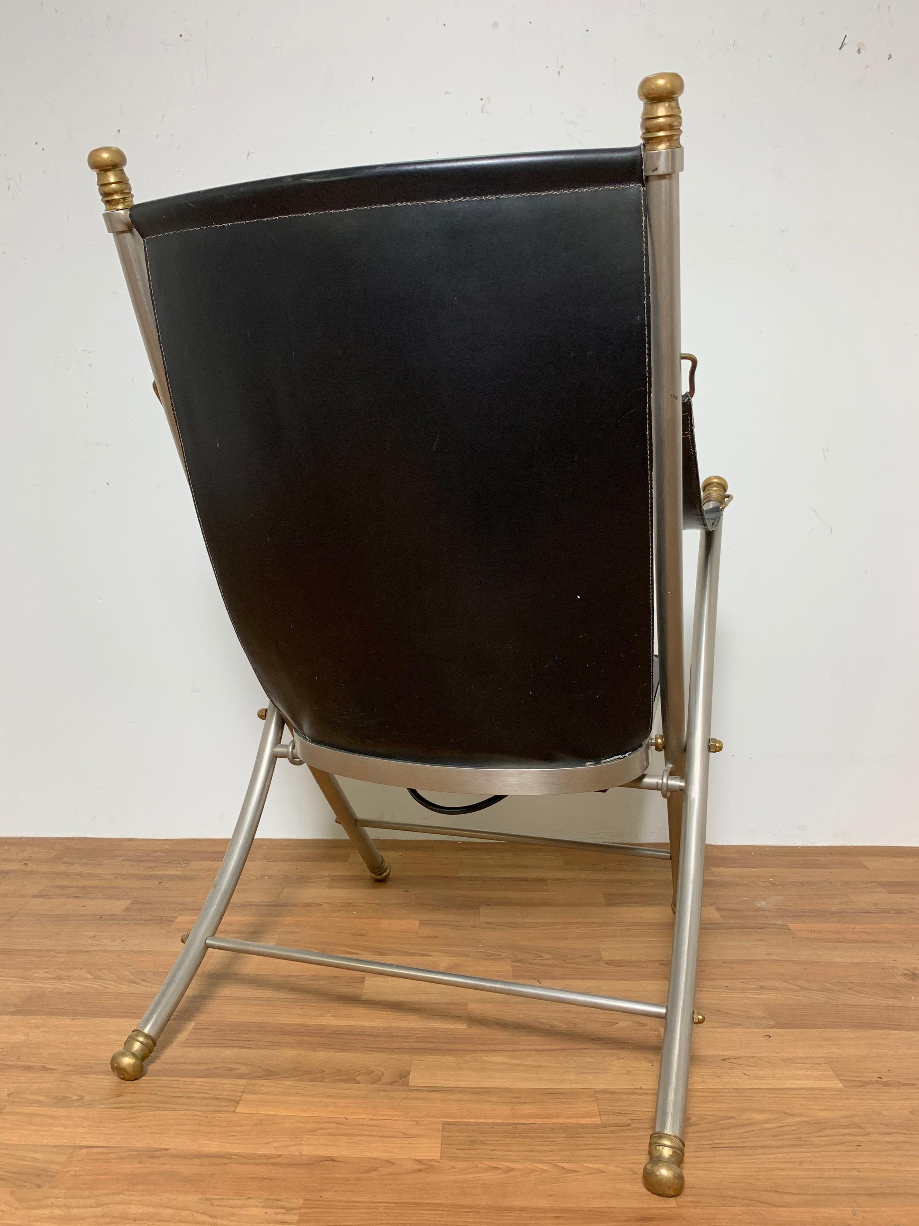 Metal Maison Jansen Style Leather Campaign Chair, Circa 1960s For Sale