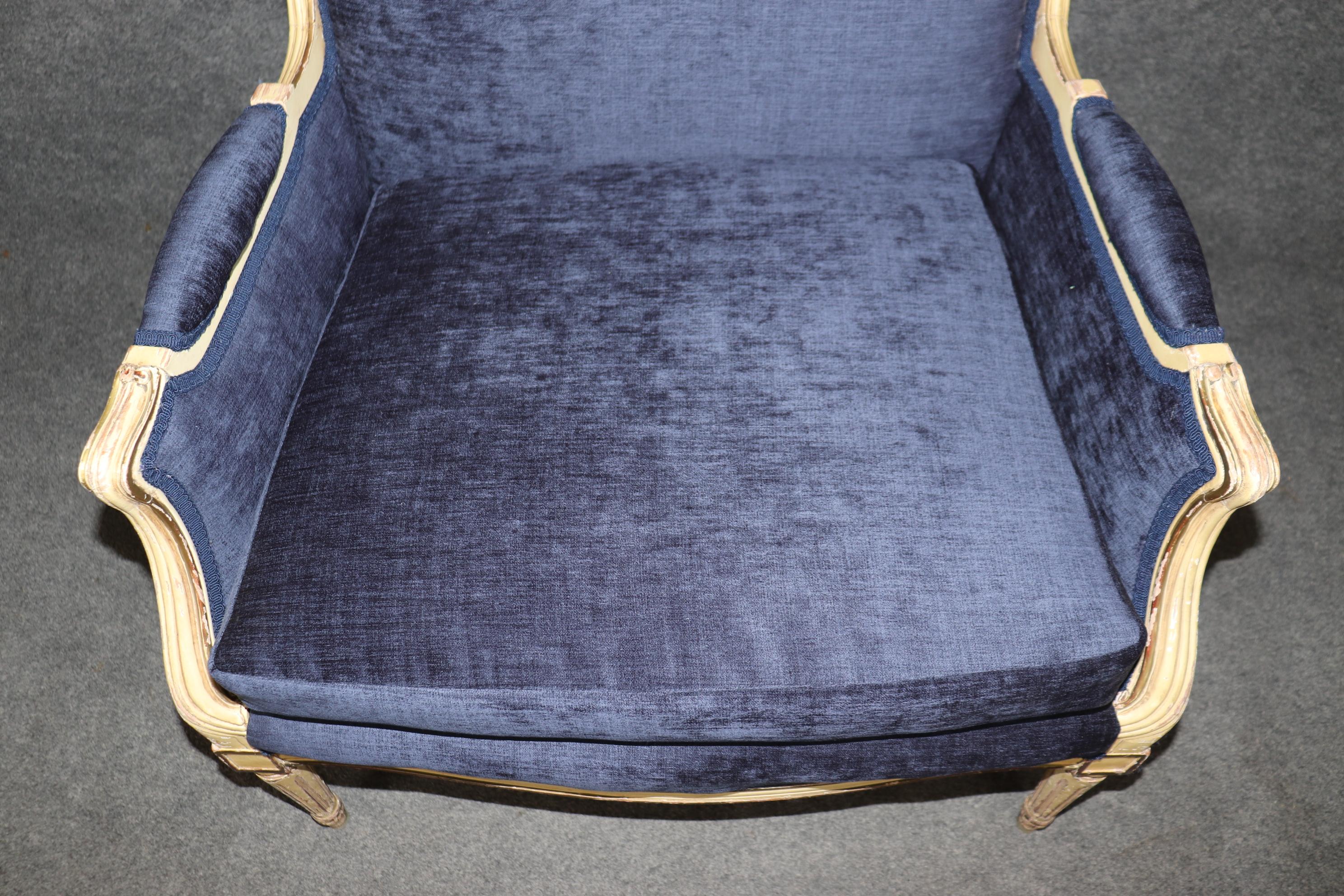 Maison Jansen Style Louis XVI Creme Painted Royal Blue Bergere Marquis Chair For Sale 5