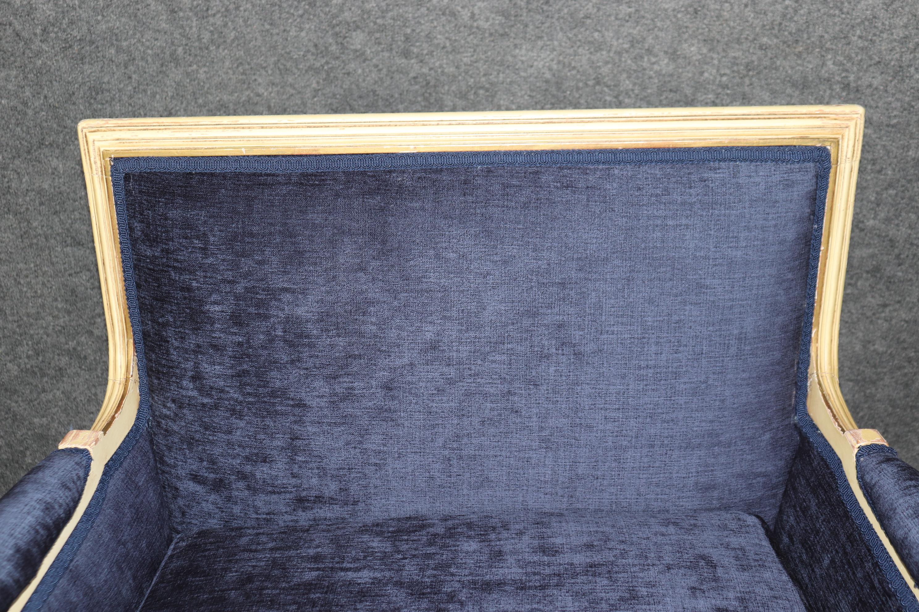 Maison Jansen Style Louis XVI Creme Painted Royal Blue Bergere Marquis Chair For Sale 6