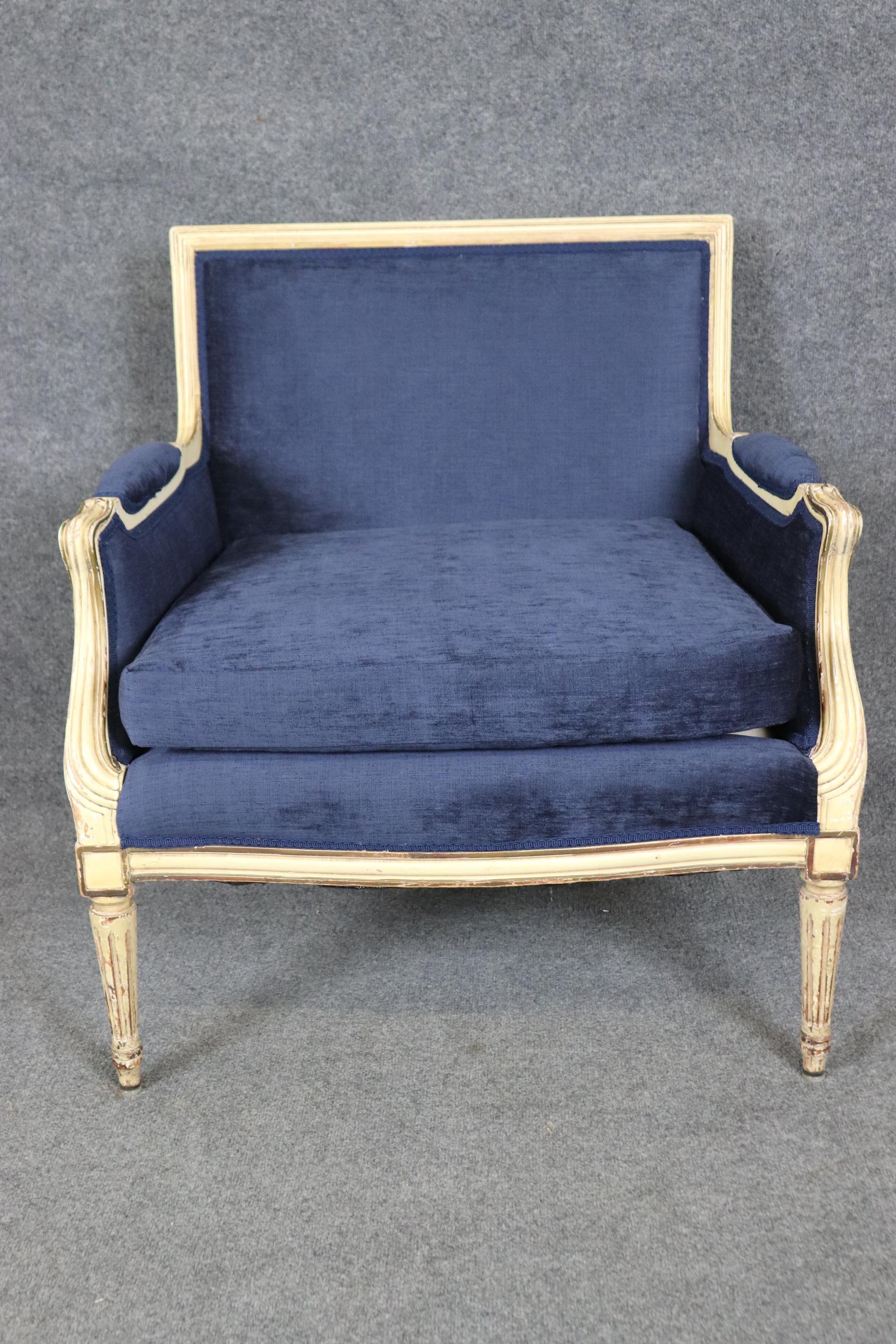 French Maison Jansen Style Louis XVI Creme Painted Royal Blue Bergere Marquis Chair For Sale