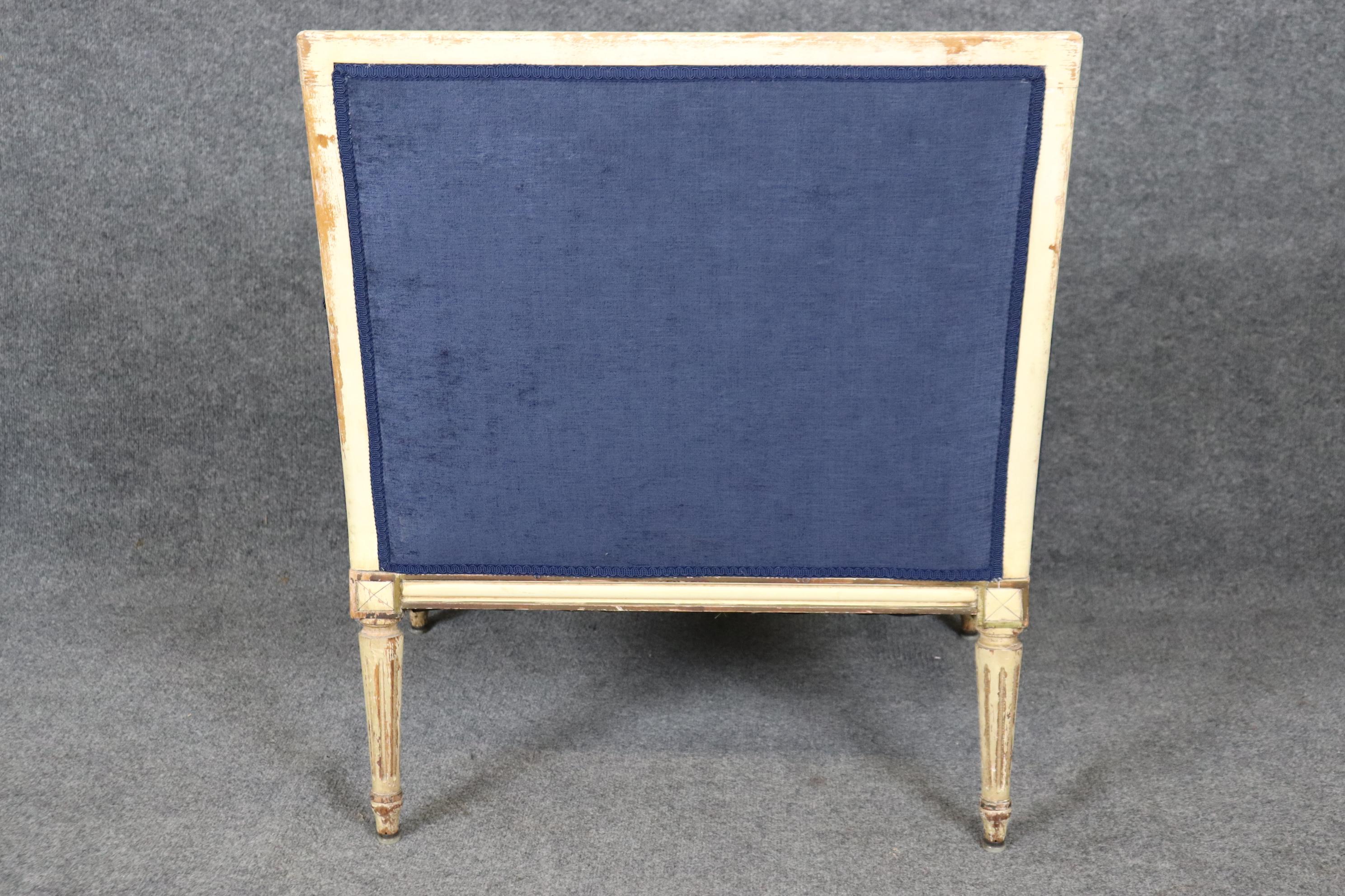 Mid-20th Century Maison Jansen Style Louis XVI Creme Painted Royal Blue Bergere Marquis Chair For Sale