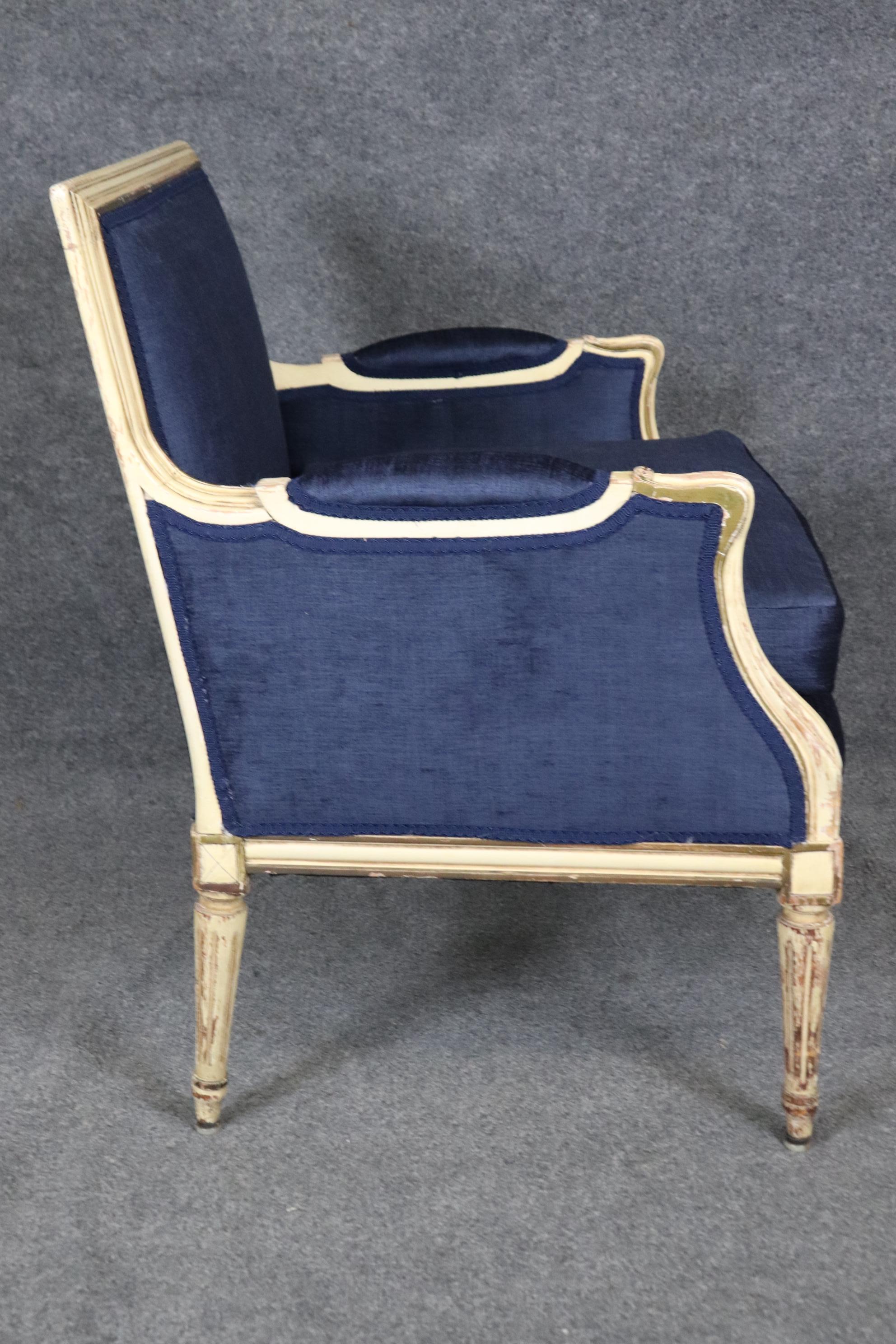 Beech Maison Jansen Style Louis XVI Creme Painted Royal Blue Bergere Marquis Chair For Sale