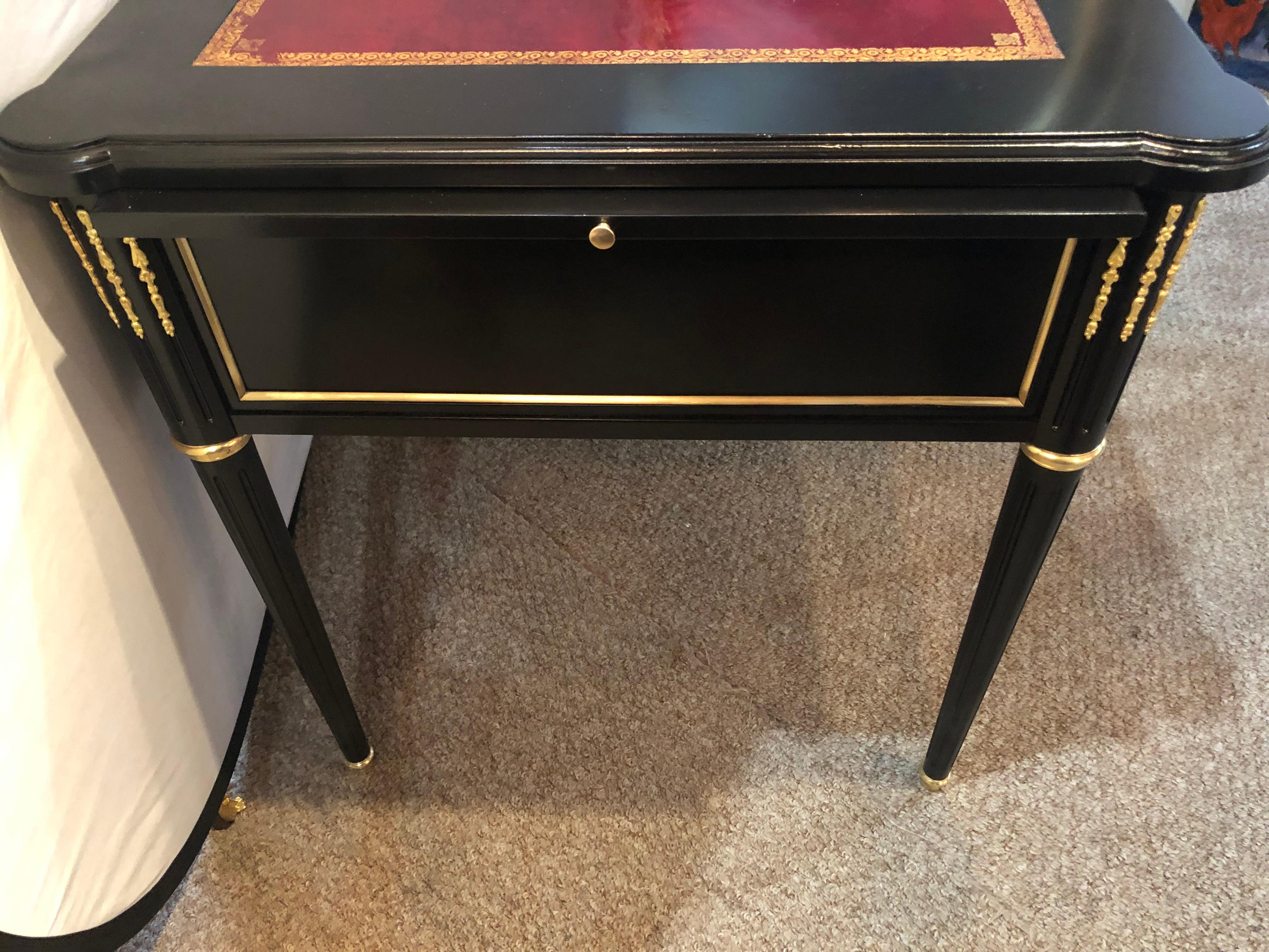 Maison Jansen Style Louis XVI Fashioned Red Tooled Leather Top Ebony Desk 11