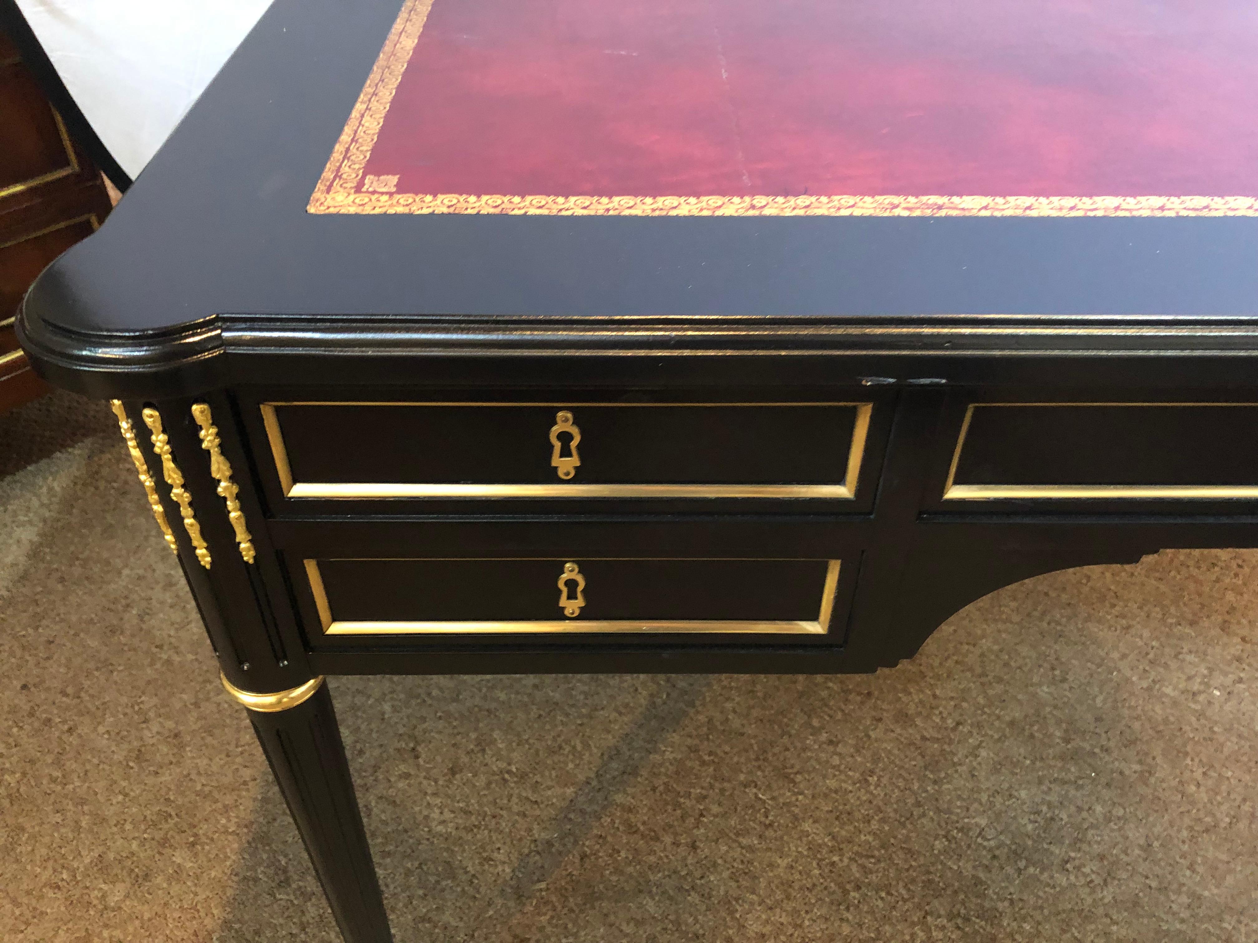 Maison Jansen Style Louis XVI Fashioned Red Tooled Leather Top Ebony Desk 2