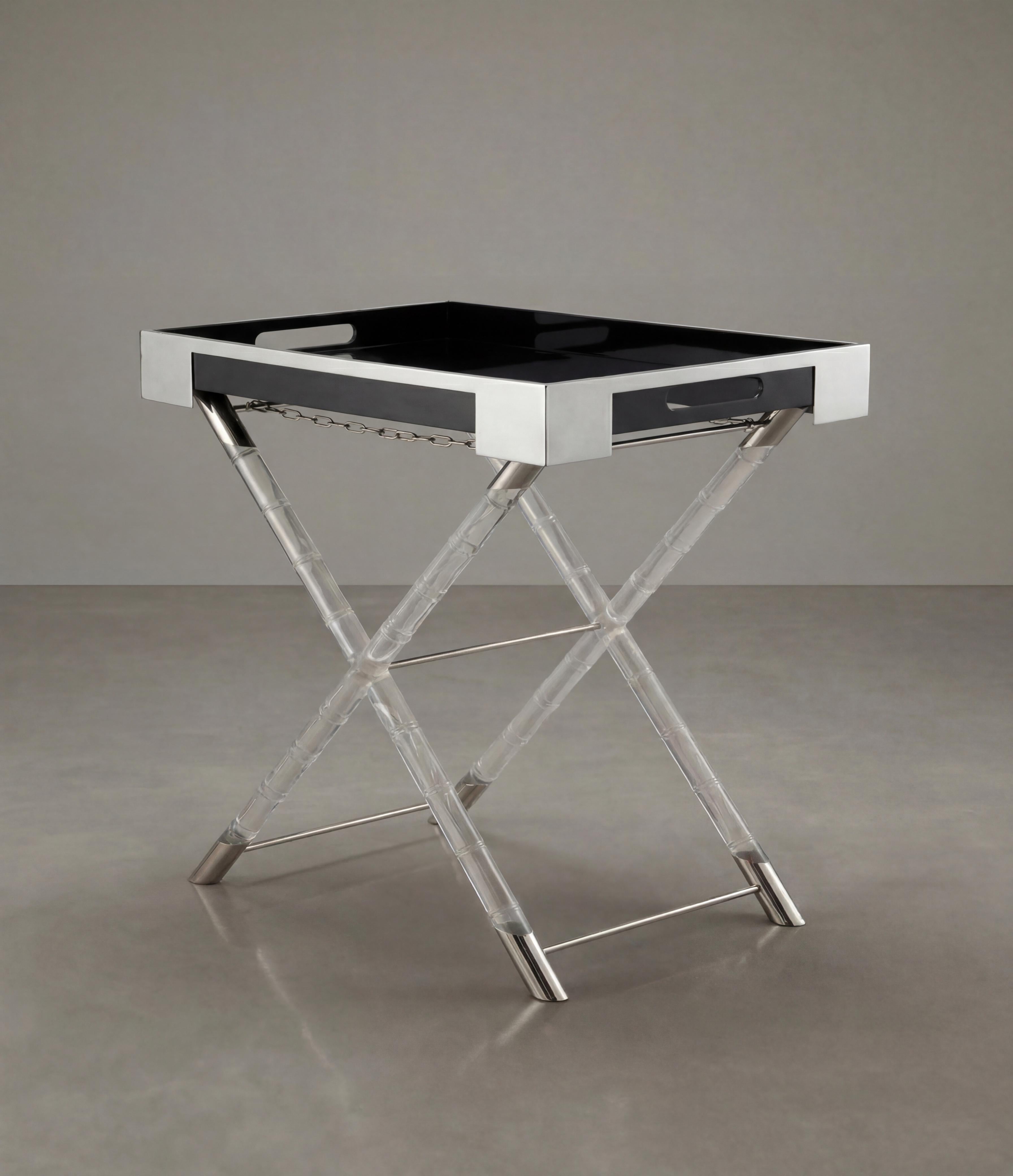 French Maison Jansen Style Lucite Faux Bamboo and Chrome Tray Table 1970s For Sale