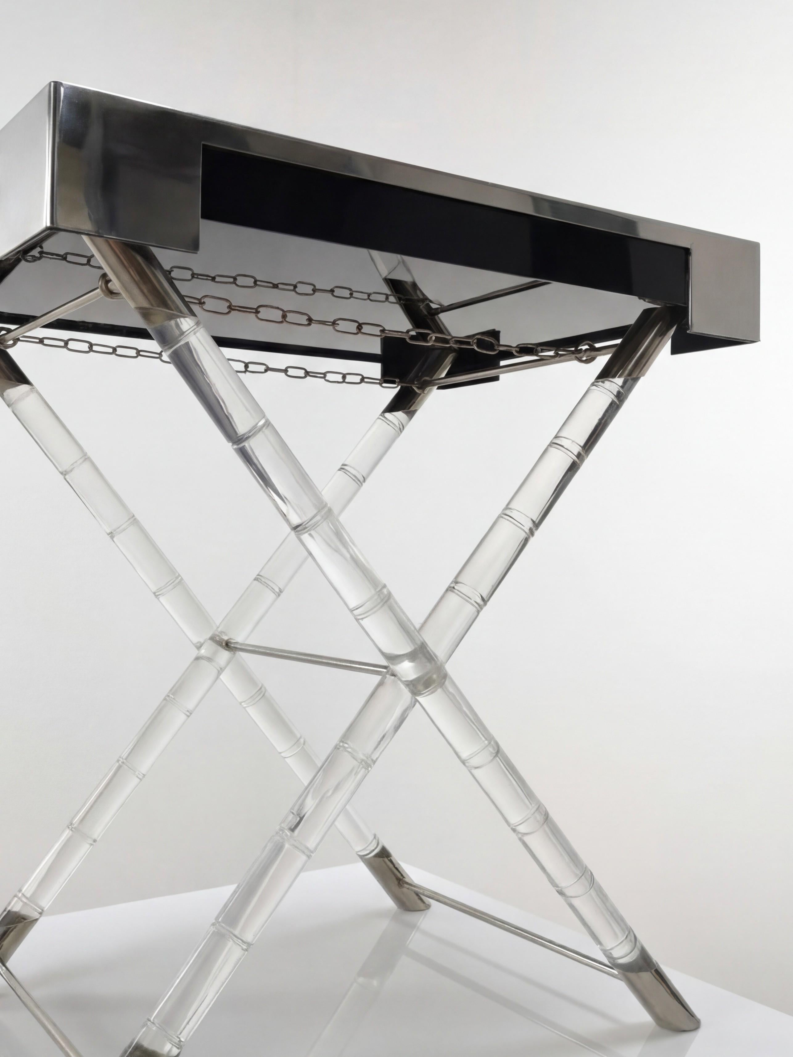 Aluminum Maison Jansen Style Lucite Faux Bamboo and Chrome Tray Table 1970s For Sale