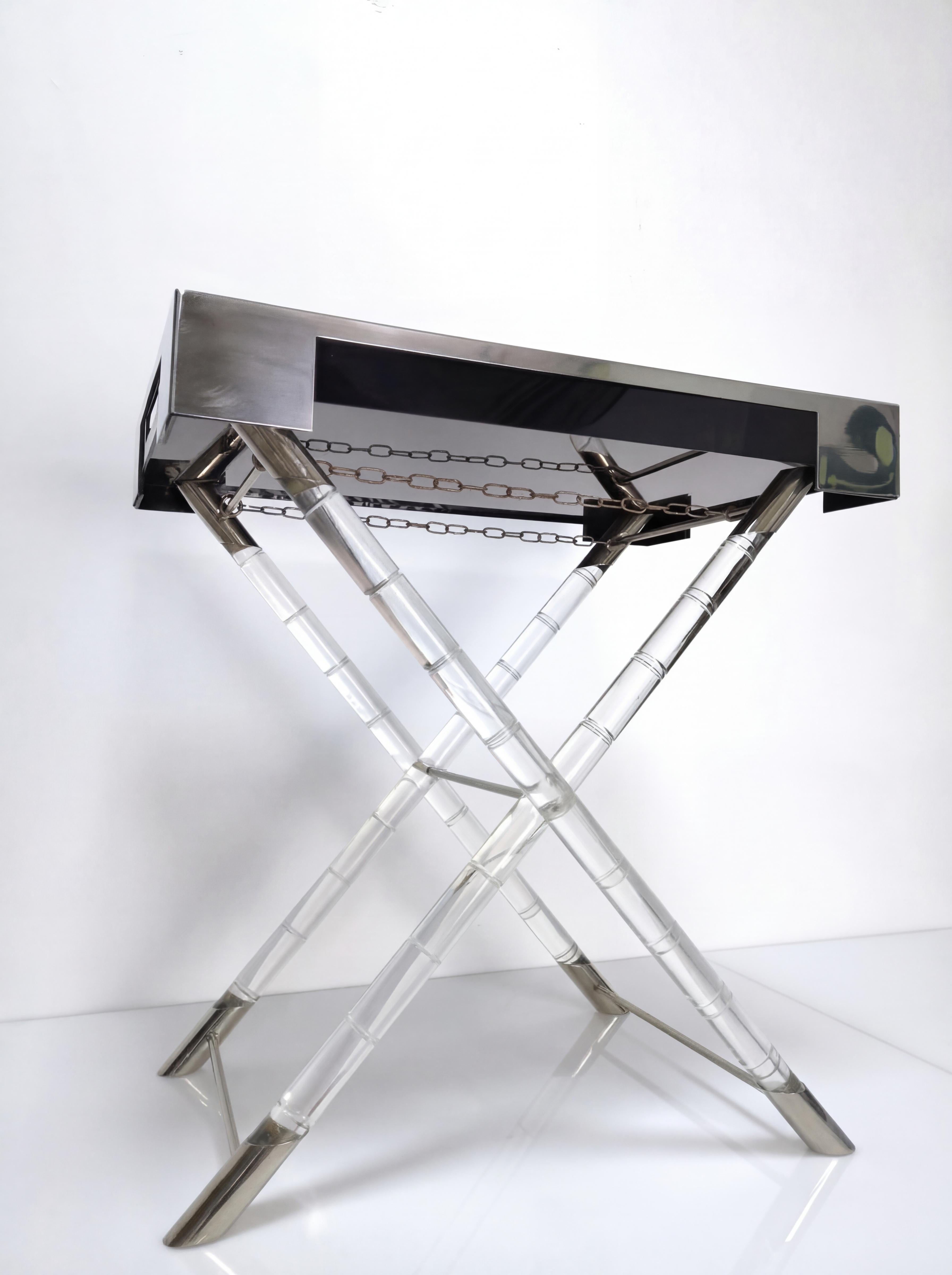 Maison Jansen Style Lucite Faux Bamboo and Chrome Tray Table 1970s For Sale 1