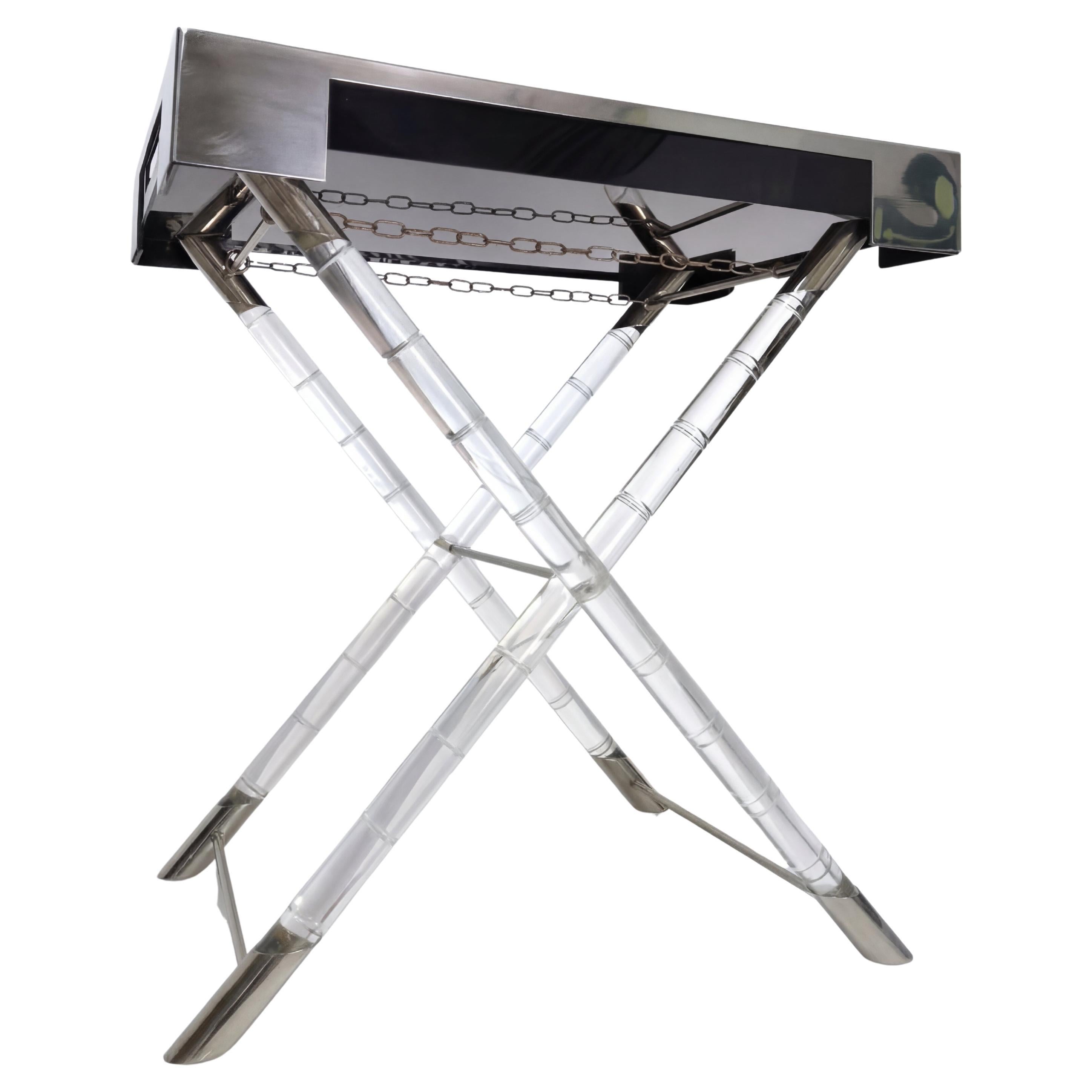Maison Jansen Style Lucite Faux Bamboo and Chrome Tray Table 1970s For Sale