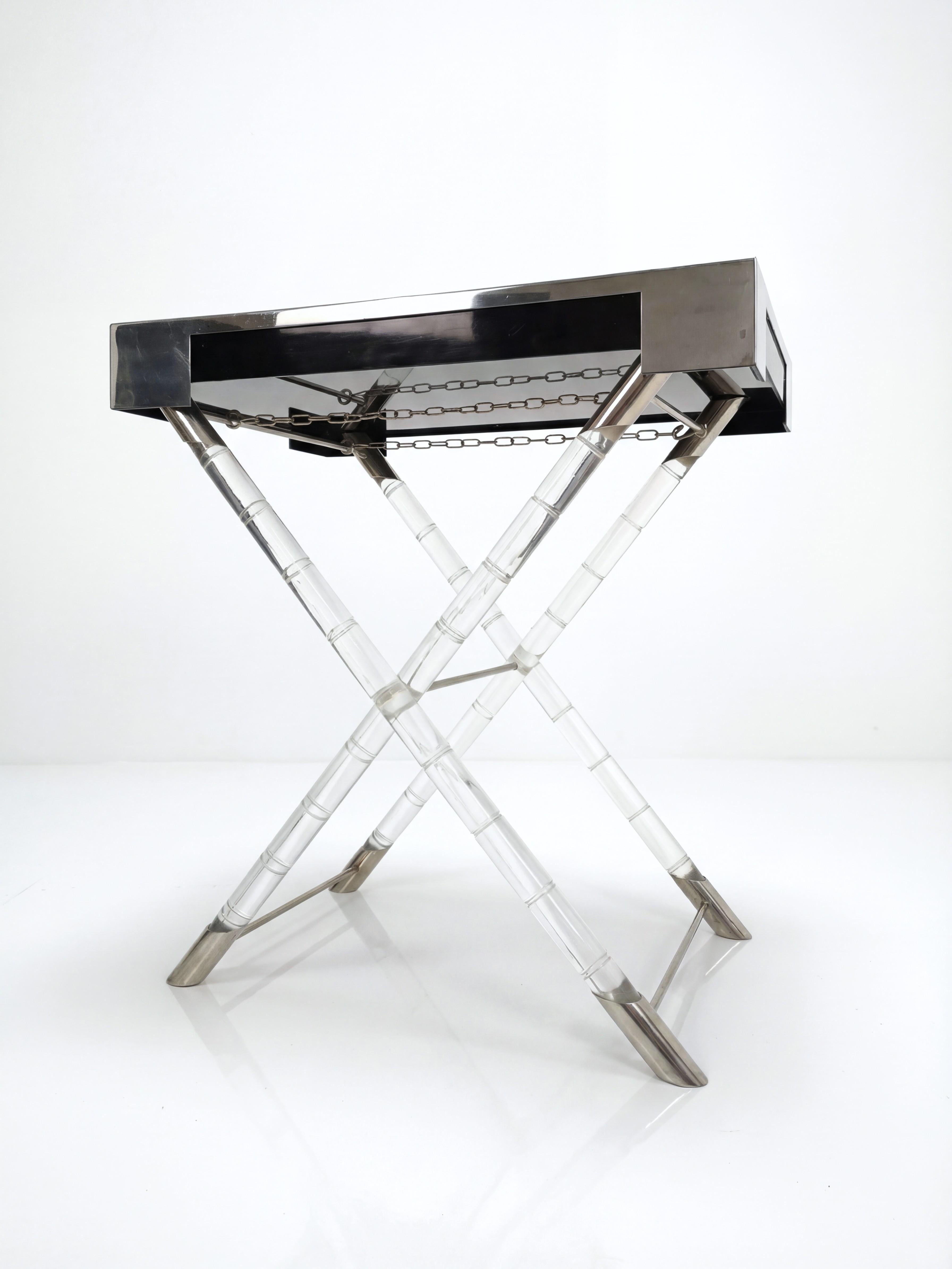 Maison Jansen Style Lucite Faux Bamboo and Chrome Tray Table 1970s For Sale 2