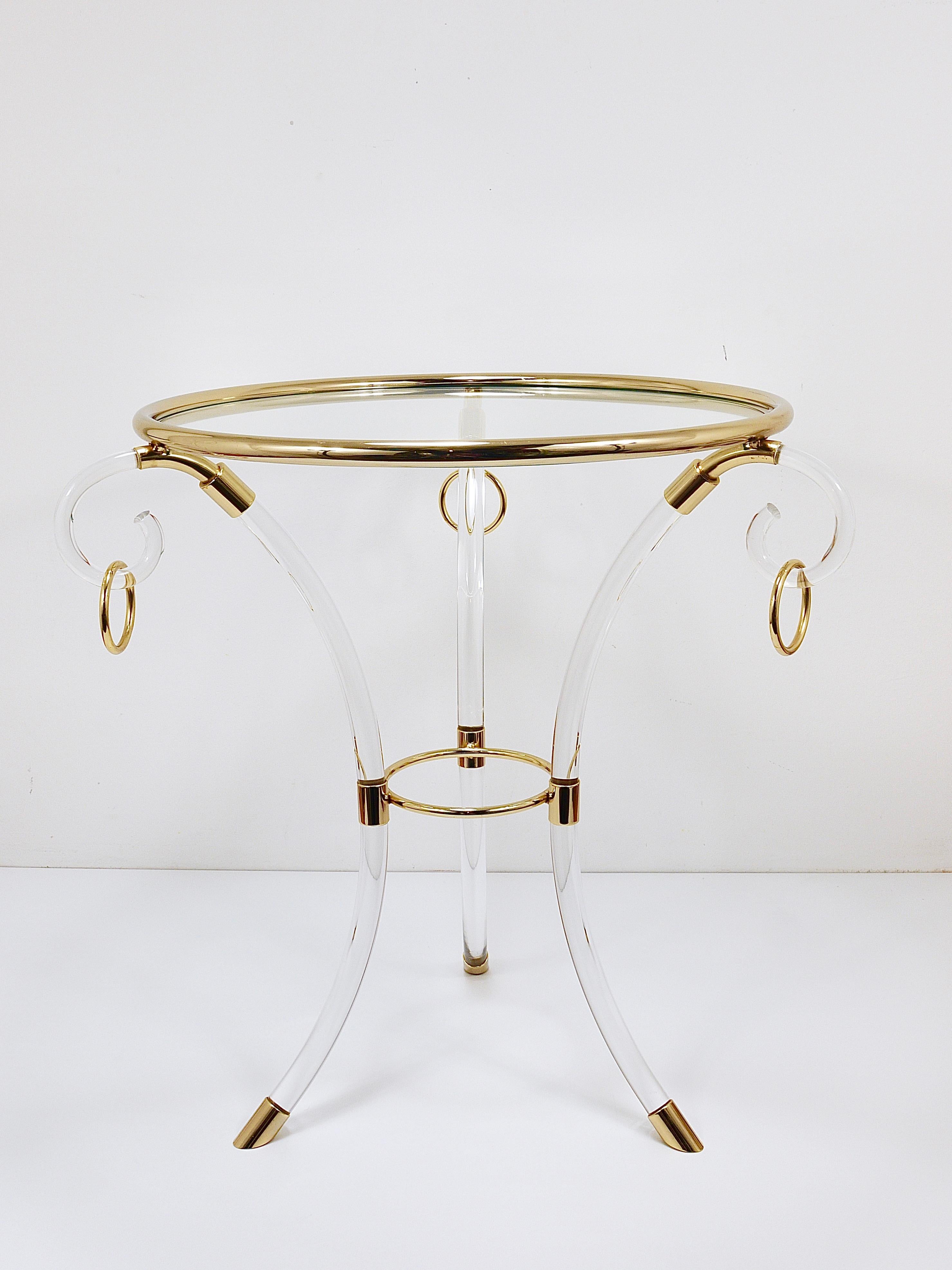 Maison Jansen Style Lucite & Gilt Metal Tripod Coffee Table Pedestal Gueridon For Sale 4