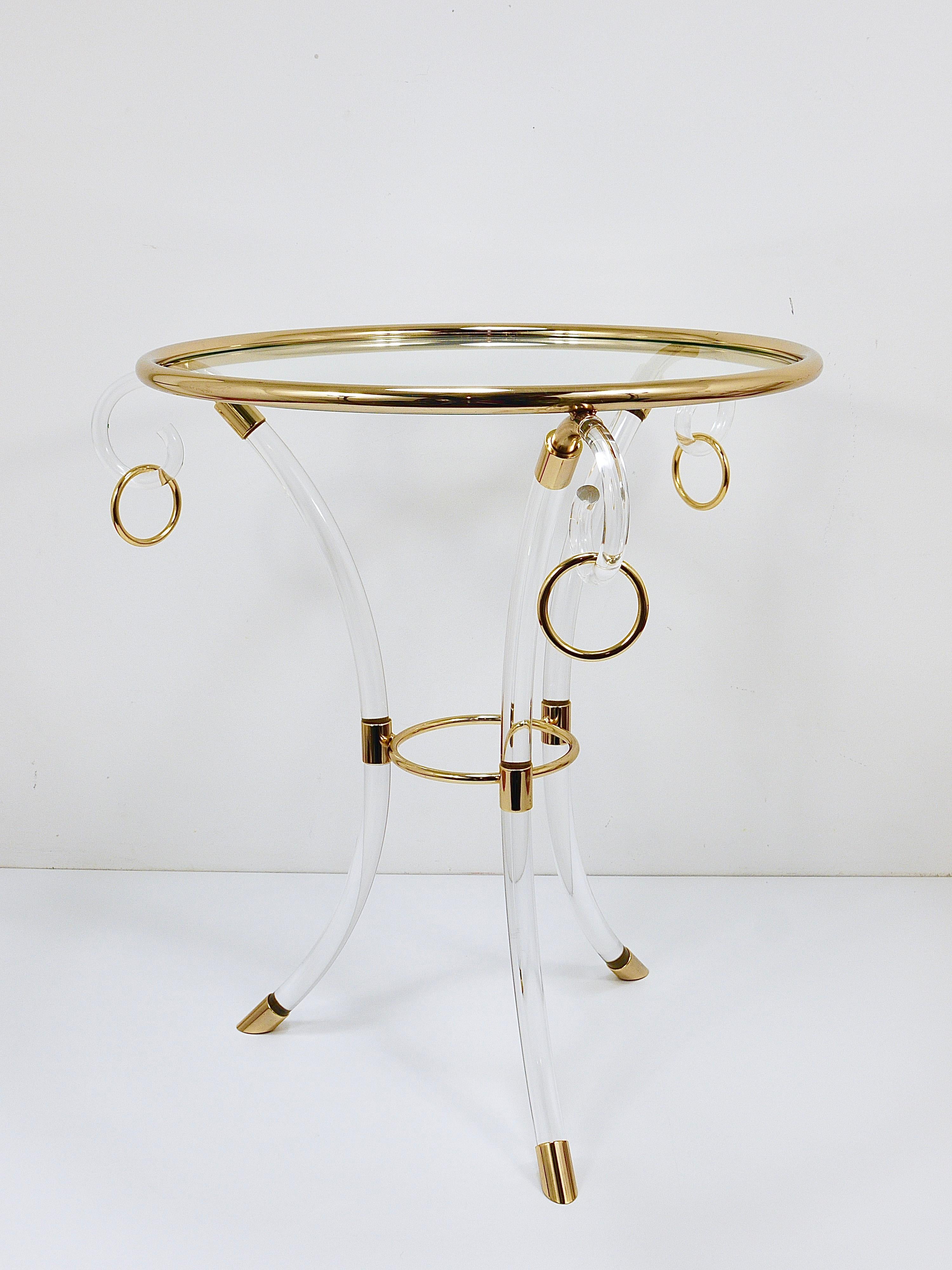 French Maison Jansen Style Lucite & Gilt Metal Tripod Coffee Table Pedestal Gueridon For Sale