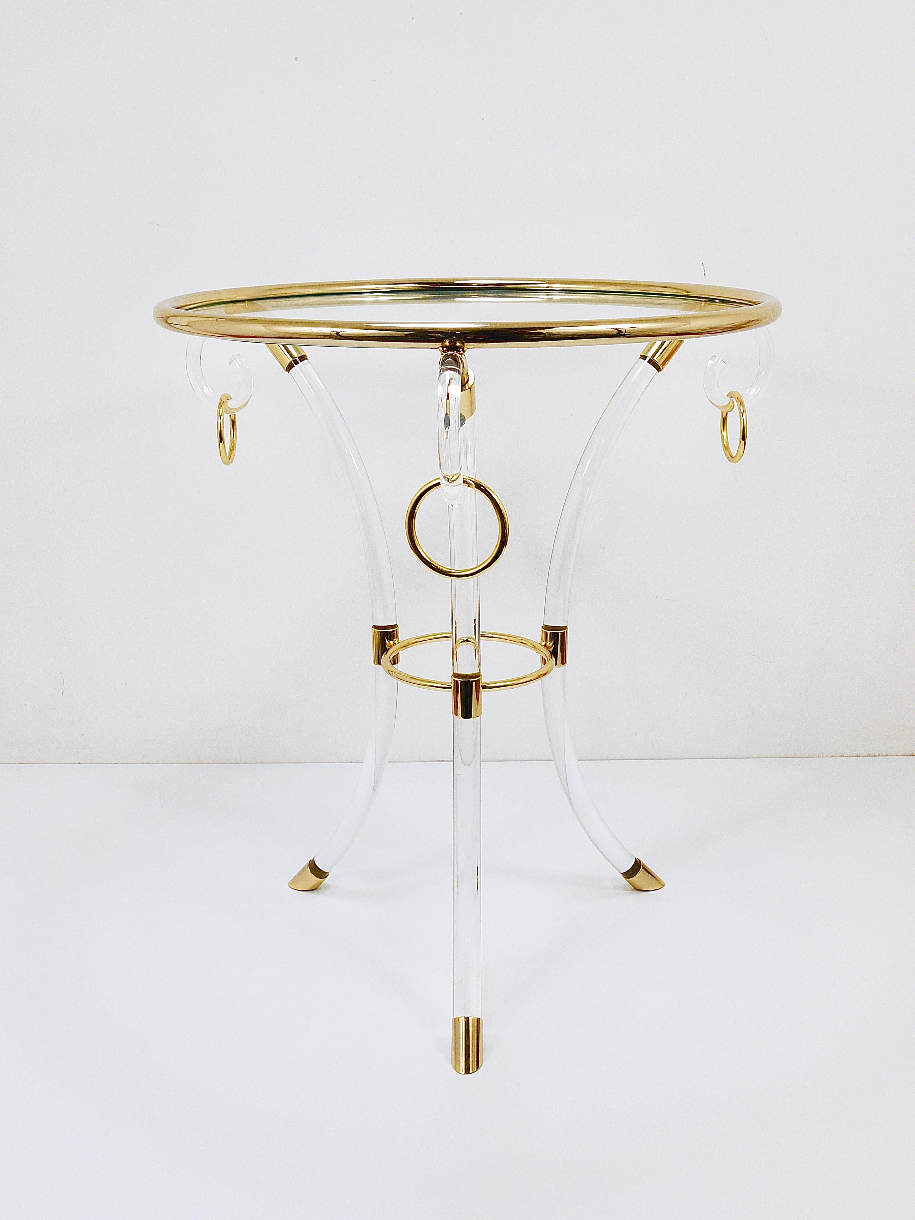 20th Century Maison Jansen Style Lucite & Gilt Metal Tripod Coffee Table Pedestal Gueridon For Sale