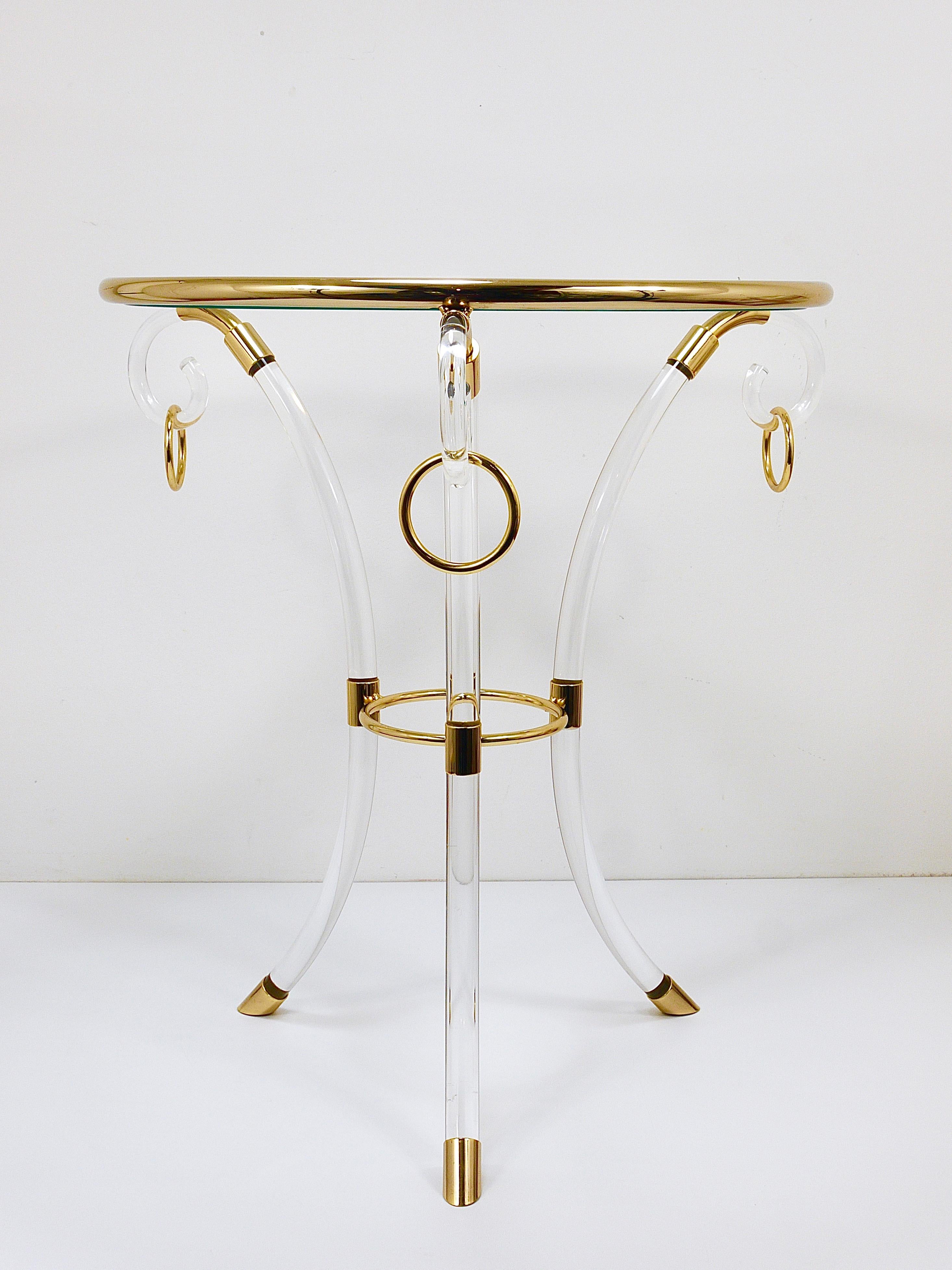 Maison Jansen Style Lucite & Gilt Metal Tripod Coffee Table Pedestal Gueridon For Sale 3