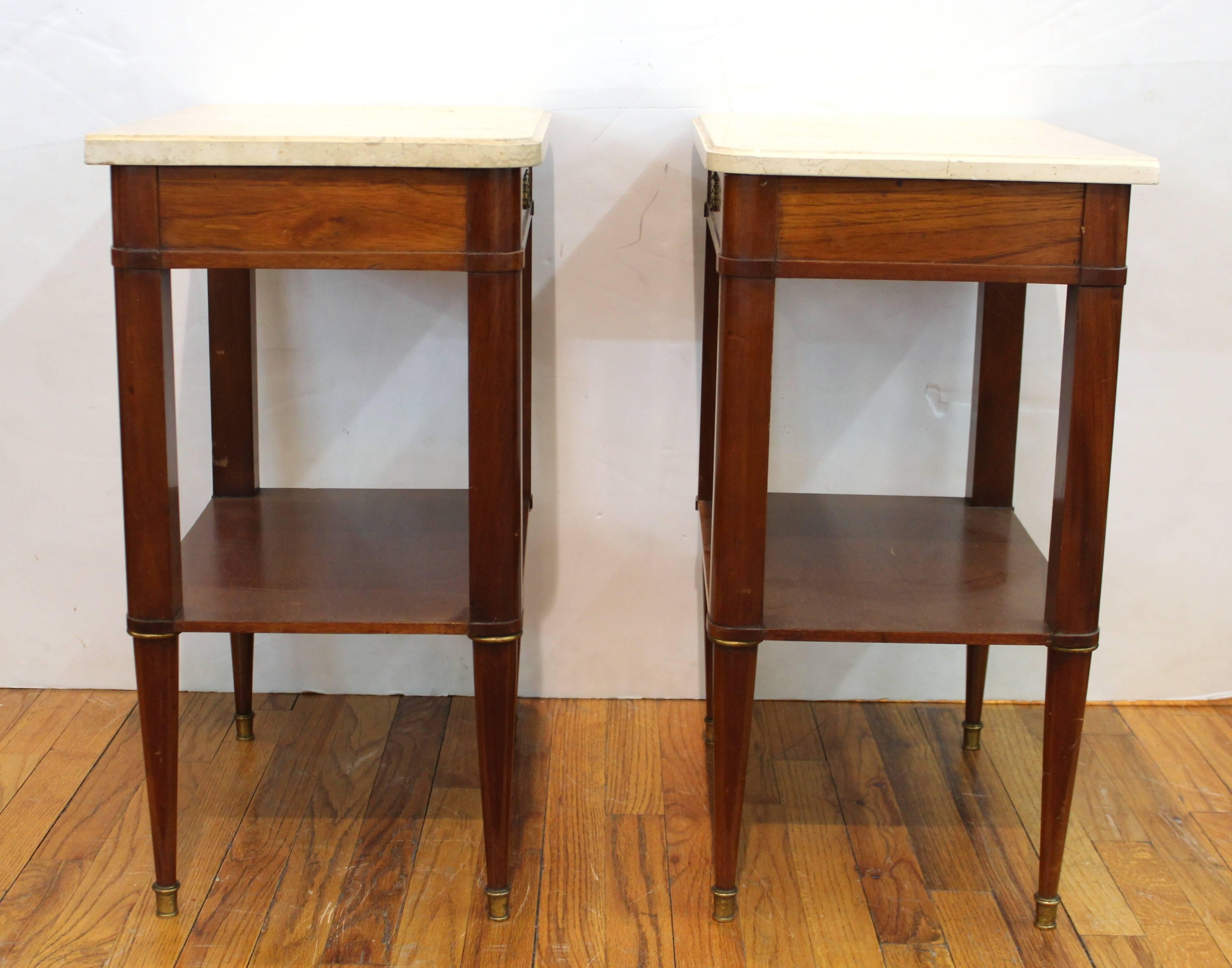 French Maison Jansen style Mahogany and Marble-Top Nightstands