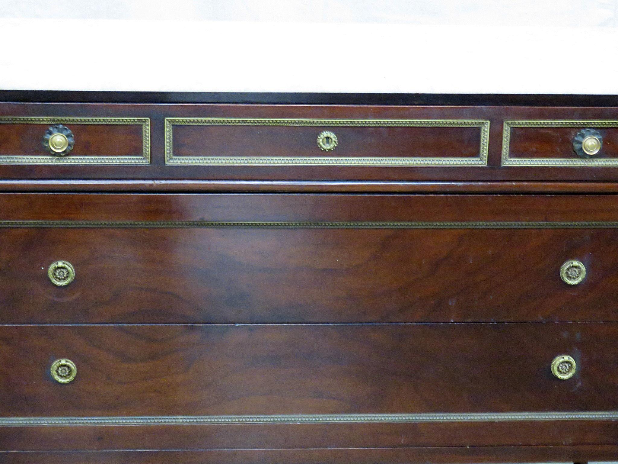 Maison Jansen style 3-drawer marble top commode with bronze accents.