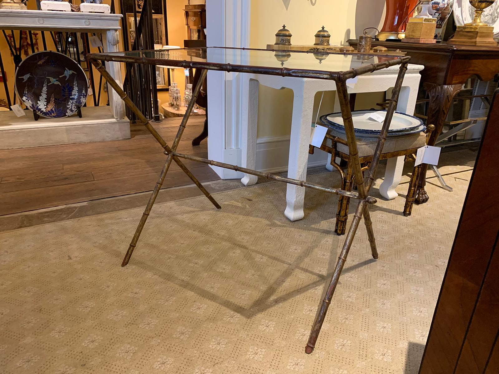 Maison Jansen style mid-20th century gilded faux bamboo side table with glass top.