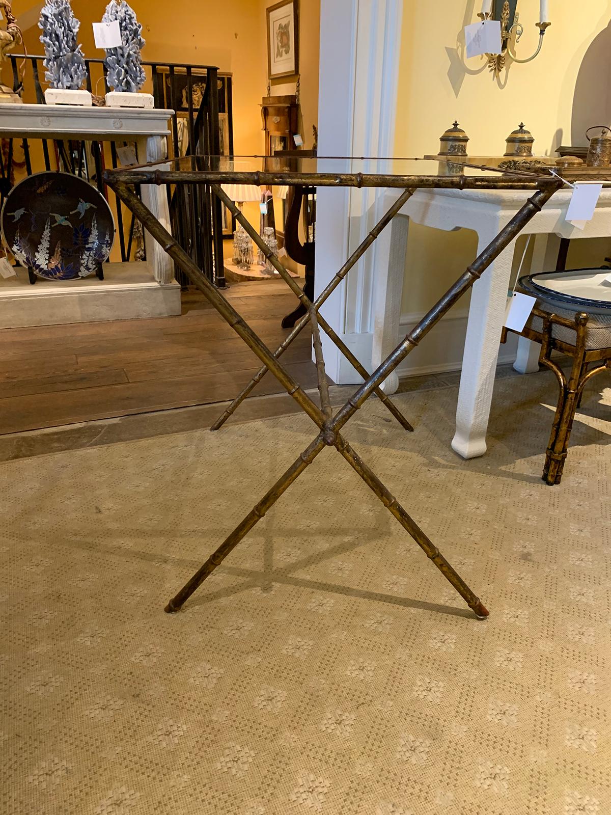 Gilt Maison Jansen Style Gilded Faux Bamboo Side Table with Glass Top For Sale
