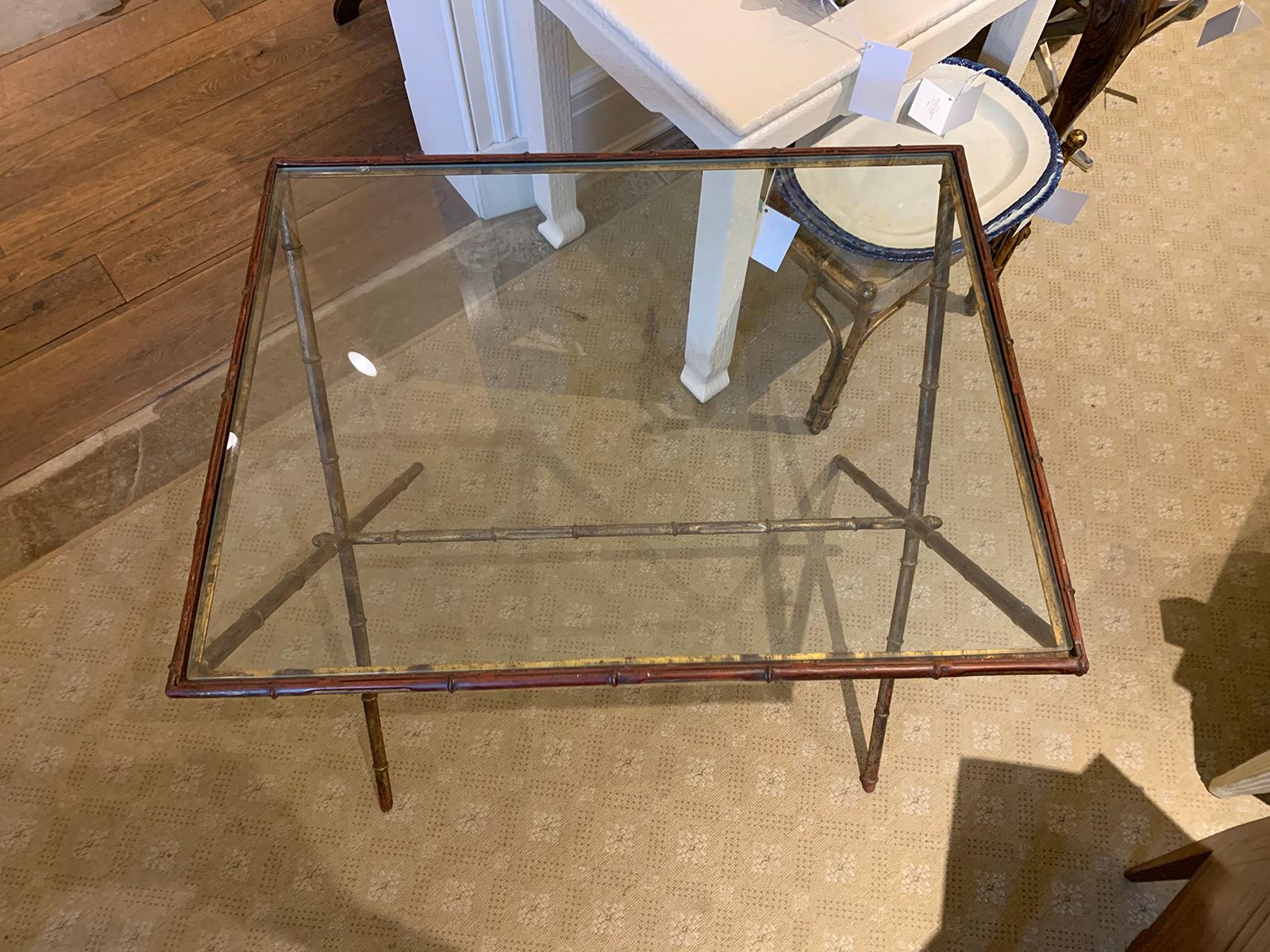 Maison Jansen Style Gilded Faux Bamboo Side Table with Glass Top In Good Condition For Sale In Atlanta, GA