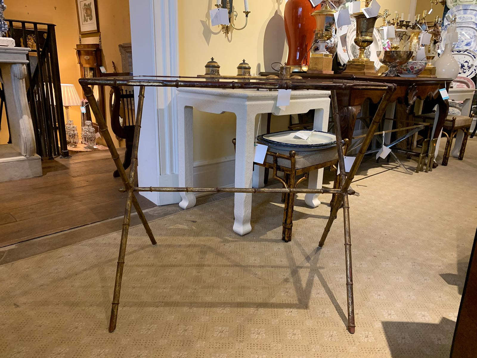 20th Century Maison Jansen Style Gilded Faux Bamboo Side Table with Glass Top For Sale