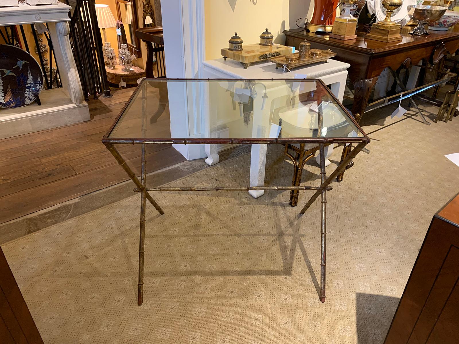 Maison Jansen Style Gilded Faux Bamboo Side Table with Glass Top For Sale 2