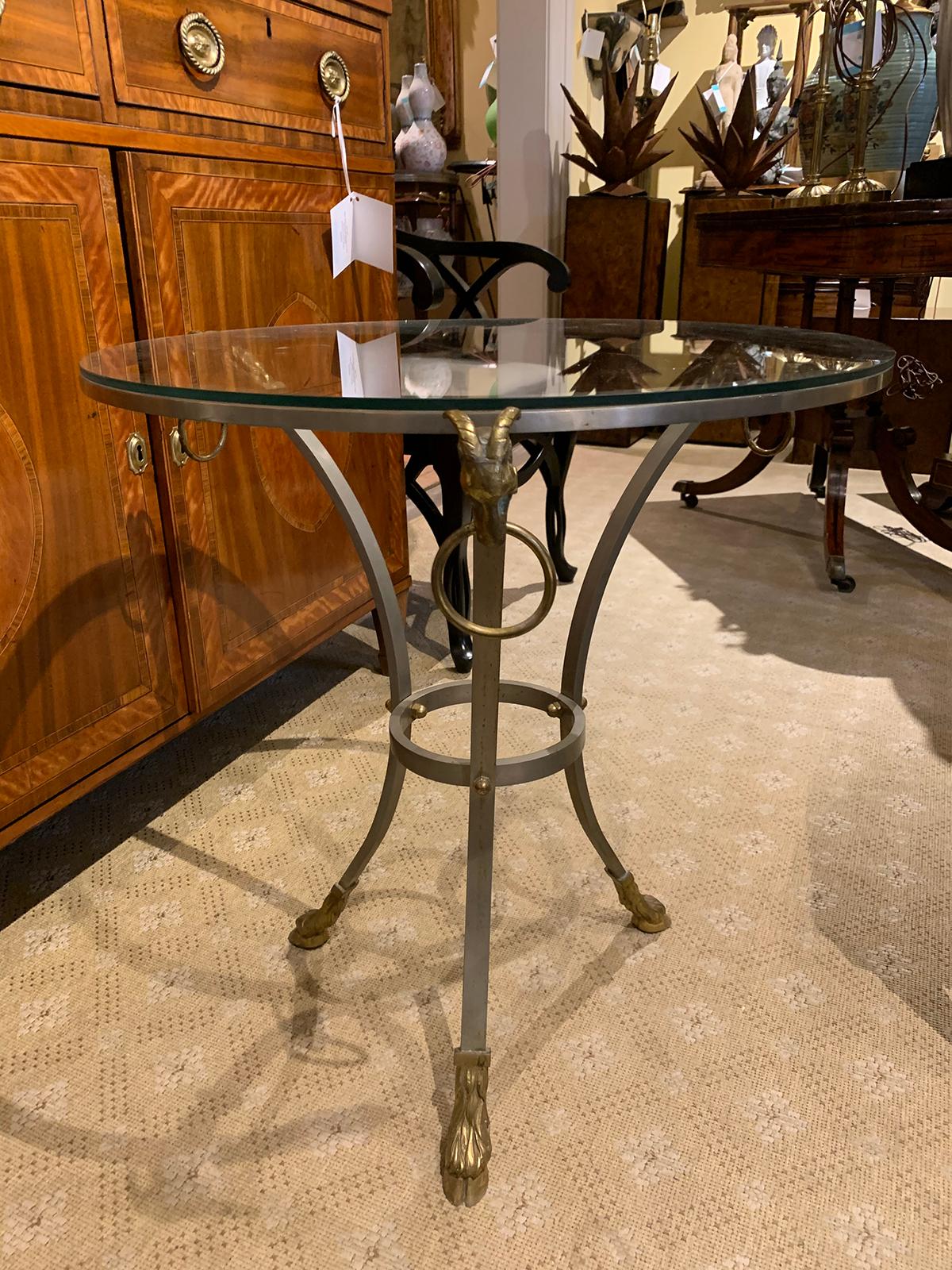 Maison Jansen Style Mid-20th Century Steel & Brass Gueridon Table with Glass Top 3