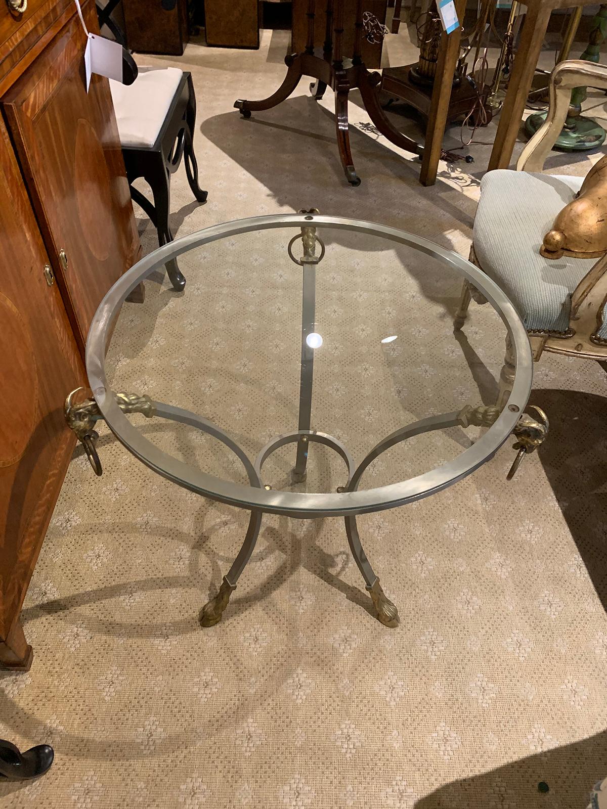 Maison Jansen Style Mid-20th Century Steel & Brass Gueridon Table with Glass Top 4