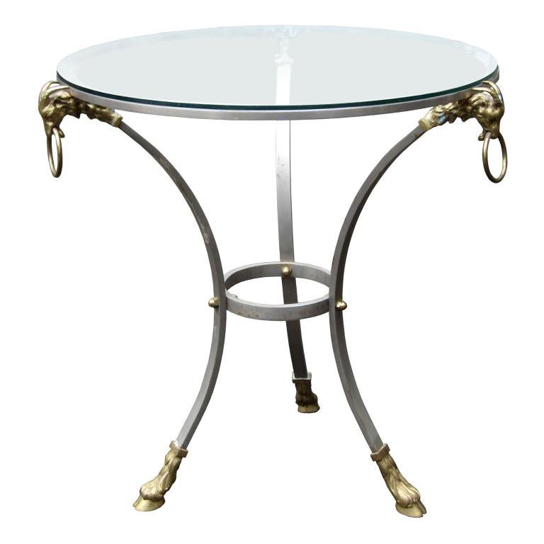 Maison Jansen Style Mid-20th Century Steel & Brass Gueridon Table with Glass Top