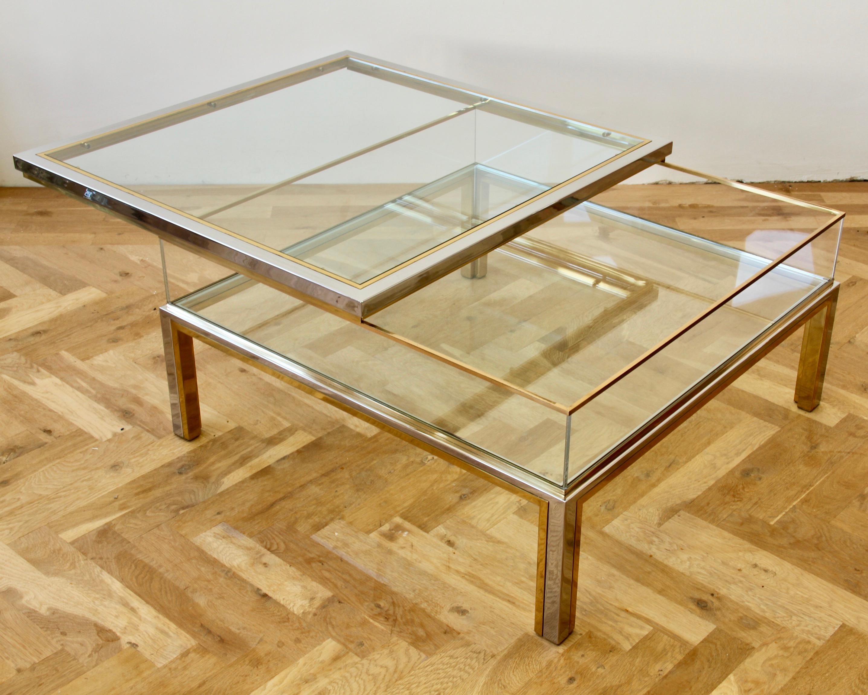 Italian Maison Jansen Style Mid-Century Brass and Chrome Bicolor Vitrine Coffee Table For Sale