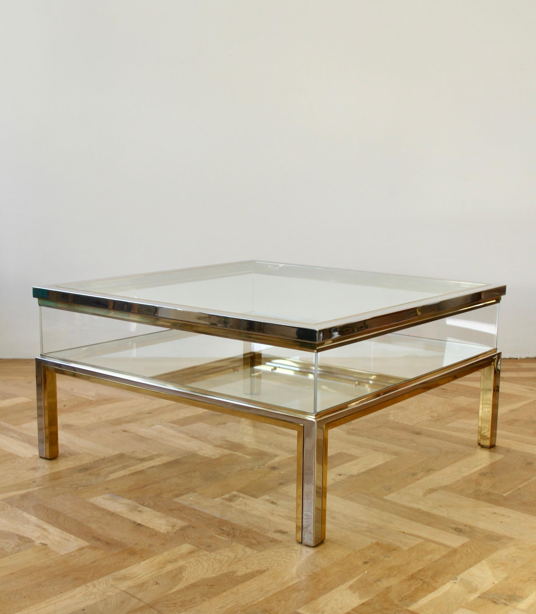 Plated Maison Jansen Style Mid-Century Brass and Chrome Bicolor Vitrine Coffee Table For Sale