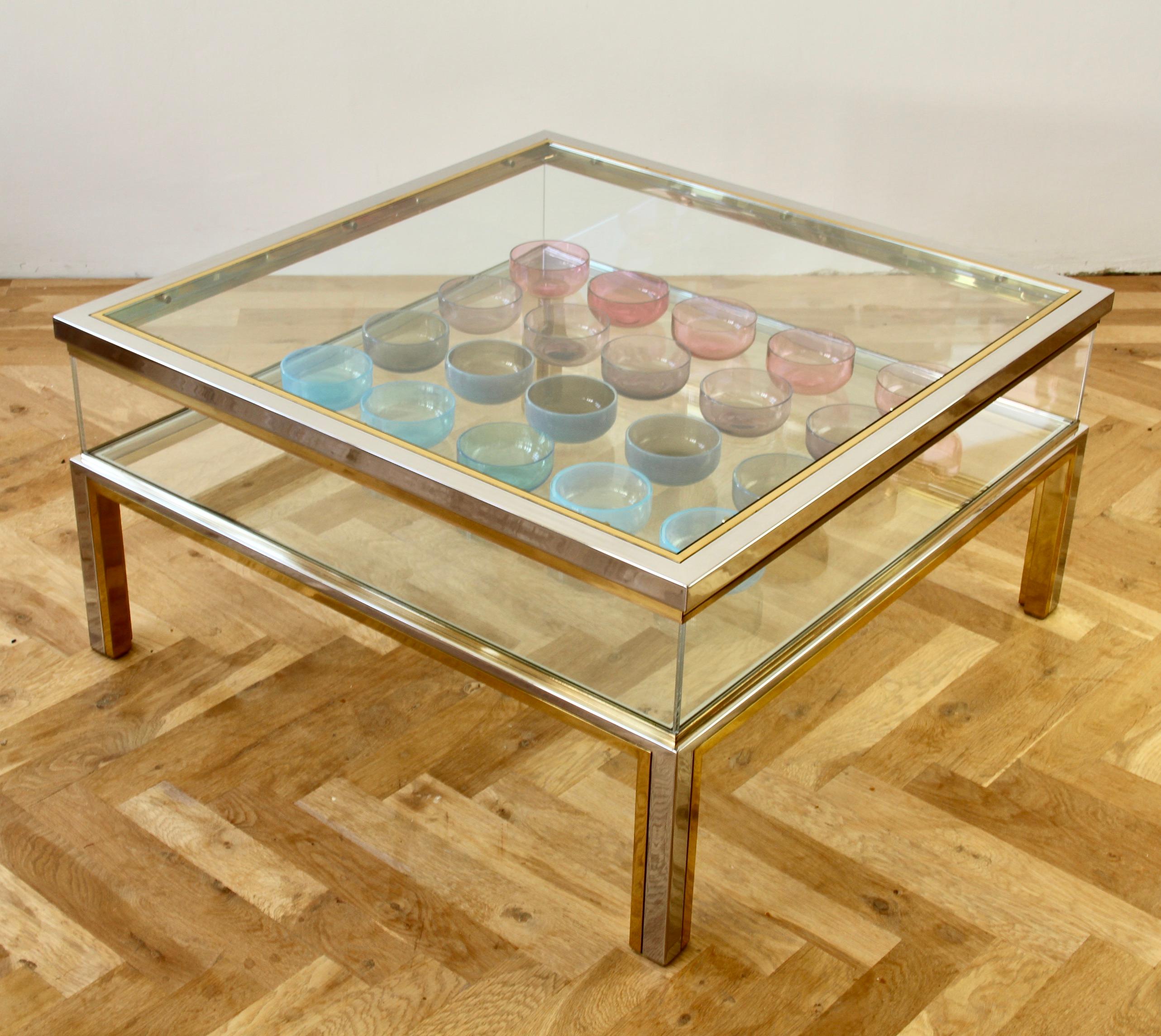 20th Century Maison Jansen Style Mid-Century Brass and Chrome Bicolor Vitrine Coffee Table For Sale