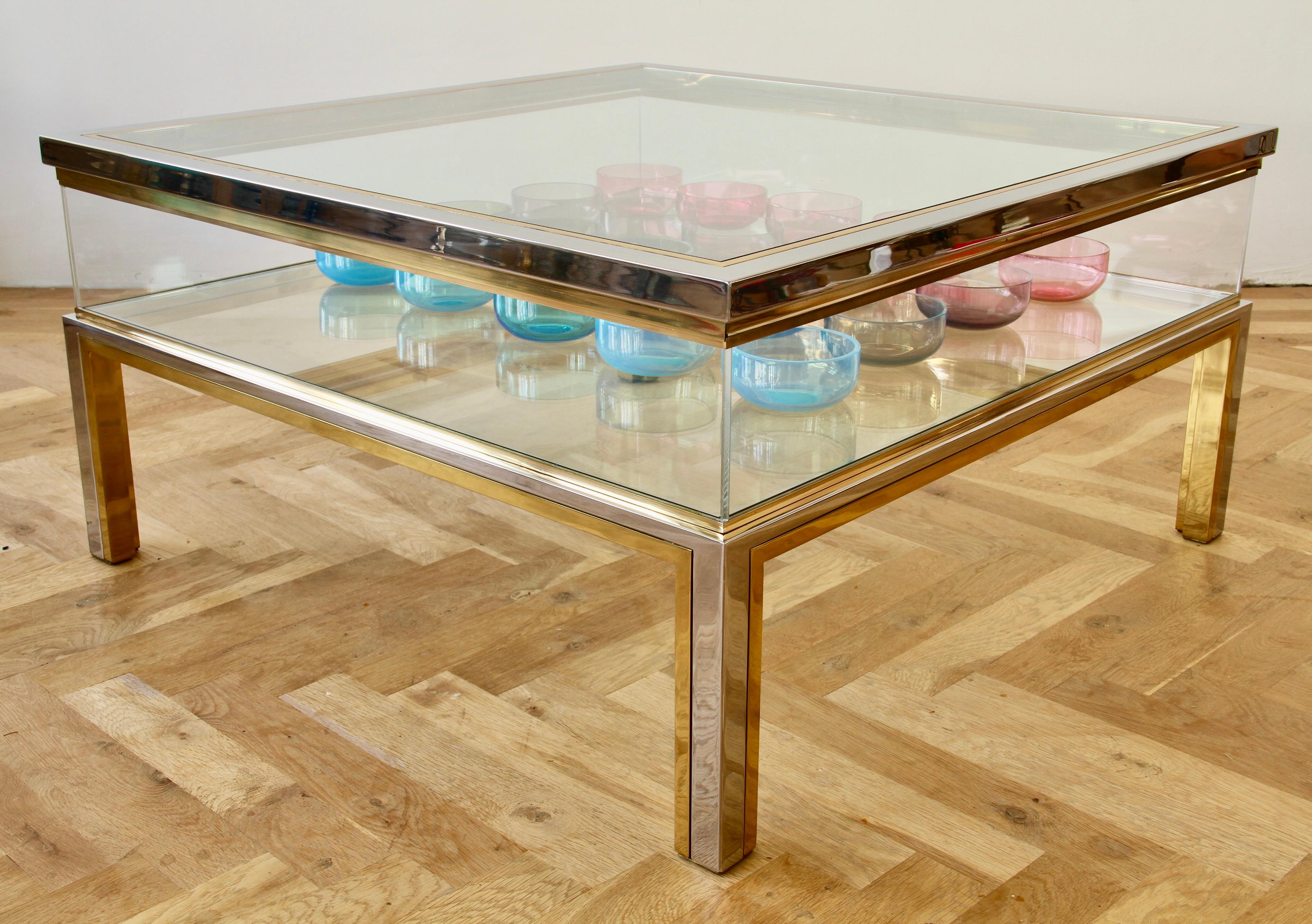 Maison Jansen Style Mid-Century Brass and Chrome Bicolor Vitrine Coffee Table For Sale 1